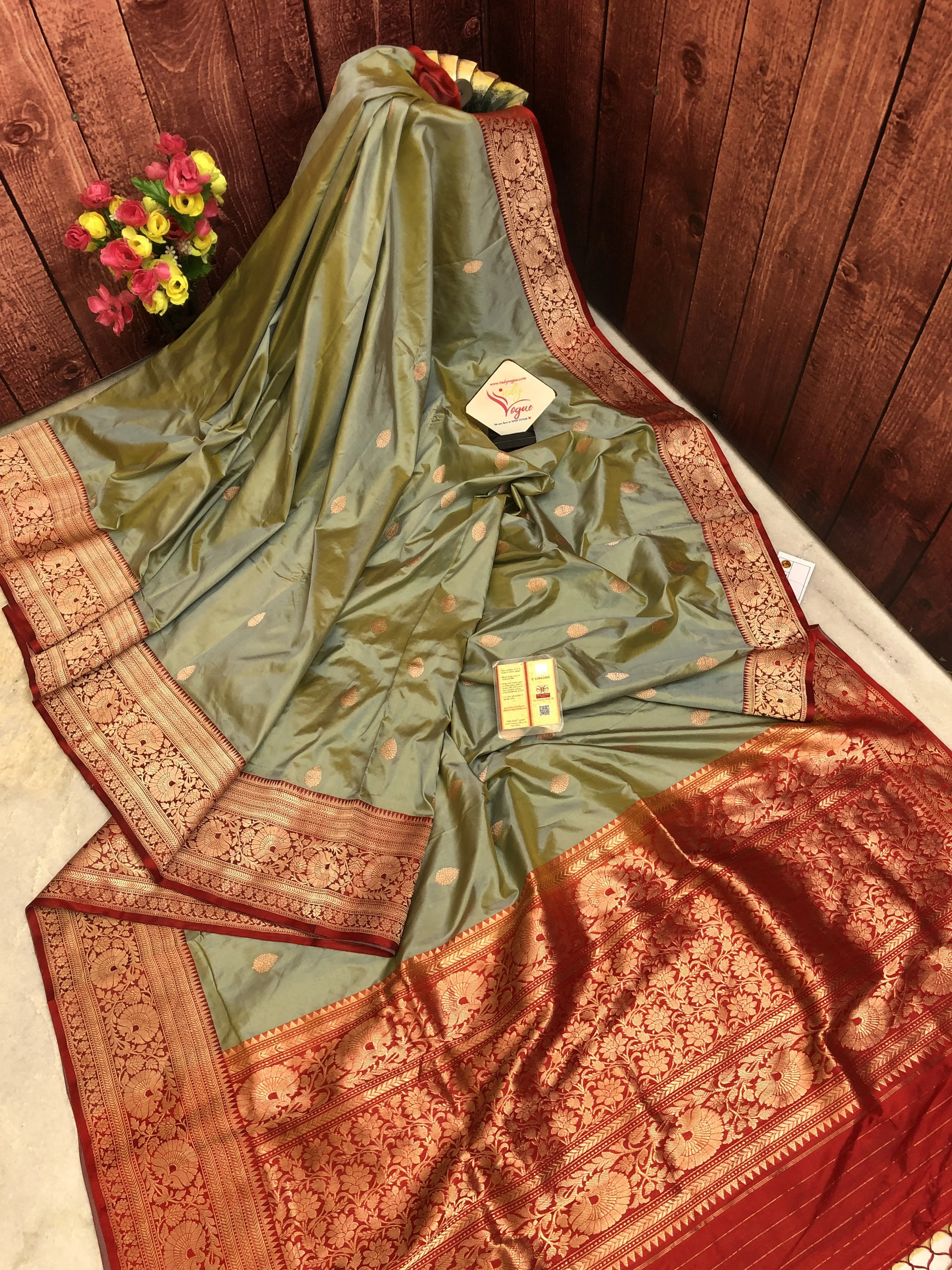 Artichoke Green Color Pure Katan Banarasi Saree