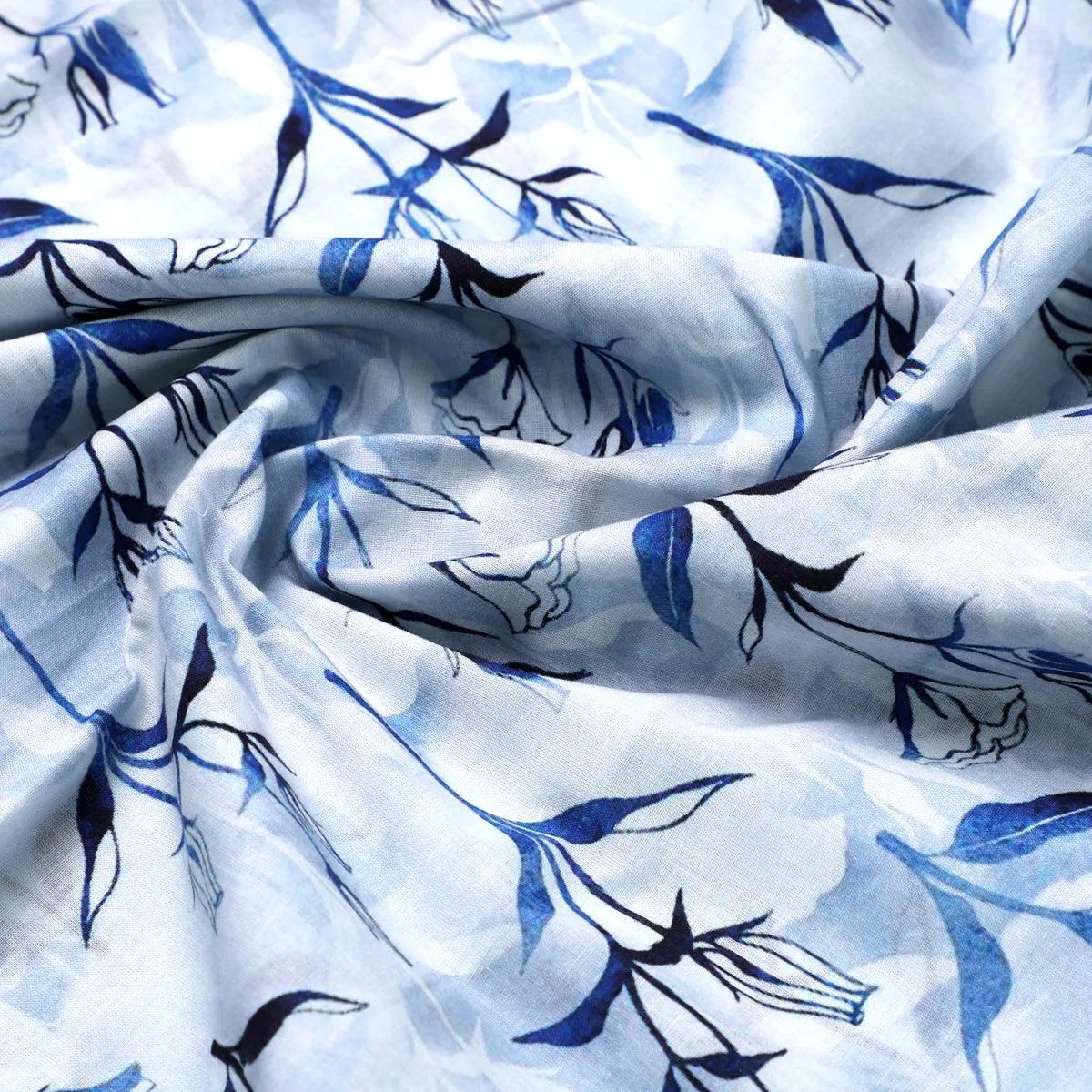 Attractive Blue Bud Water Paint Shadow Digital Printed Fabric - Cotton