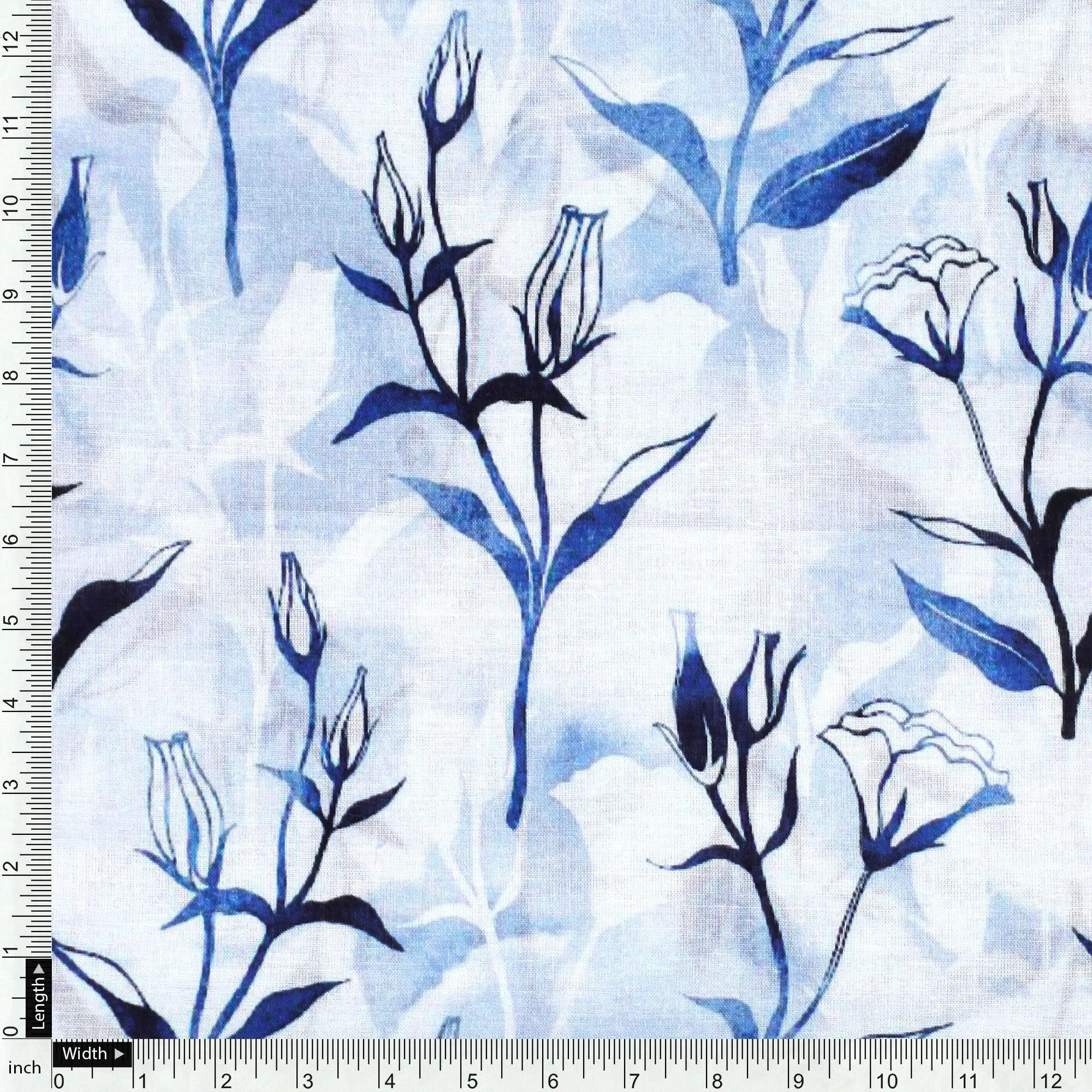 Attractive Blue Bud Water Paint Shadow Digital Printed Fabric - Cotton