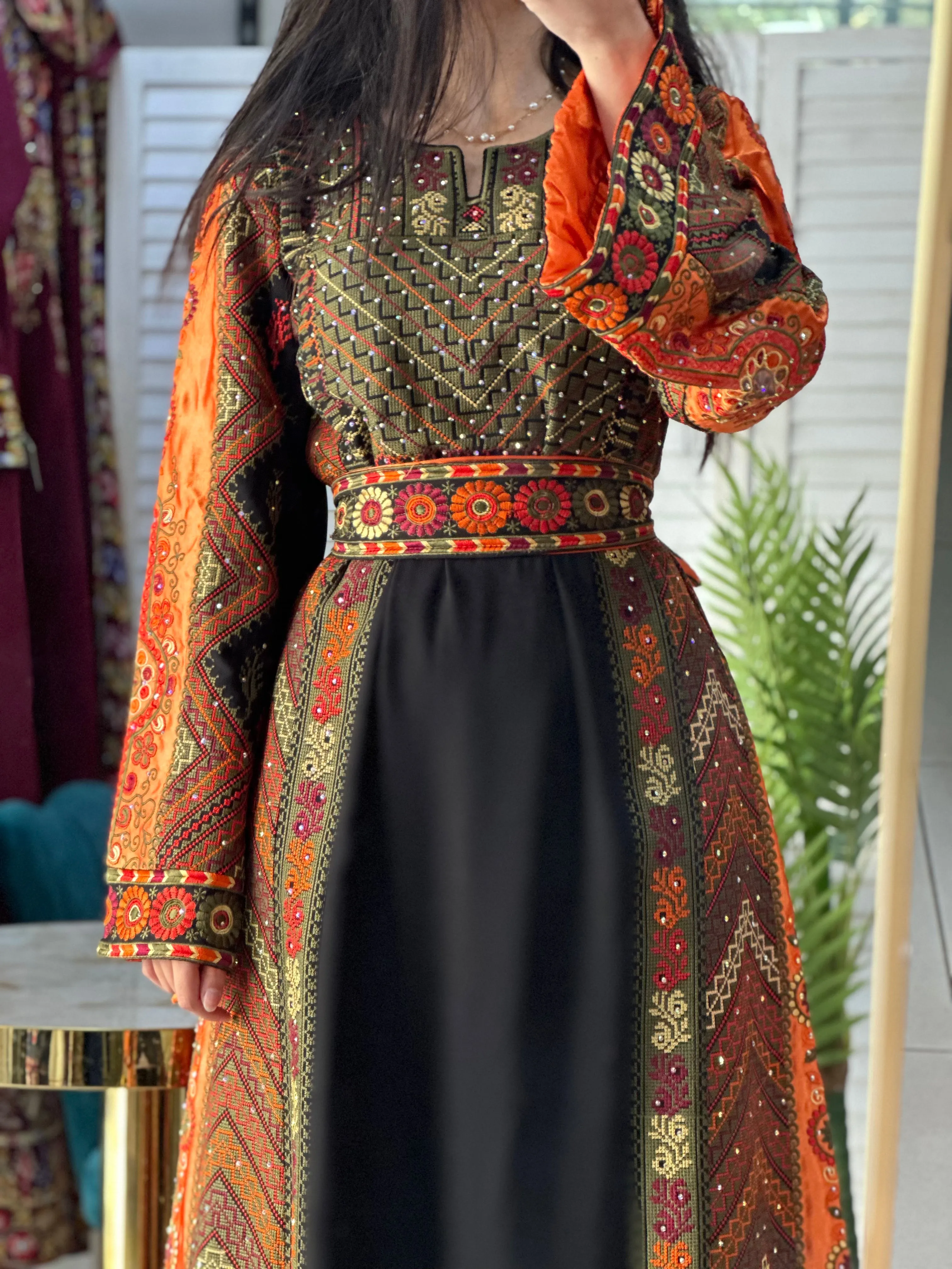 Black Palestinian Embroidered Thobe with Green and Orange Embroidery and Satin