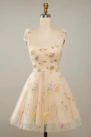 Champagne Floral Embroidery Homecoming Dress