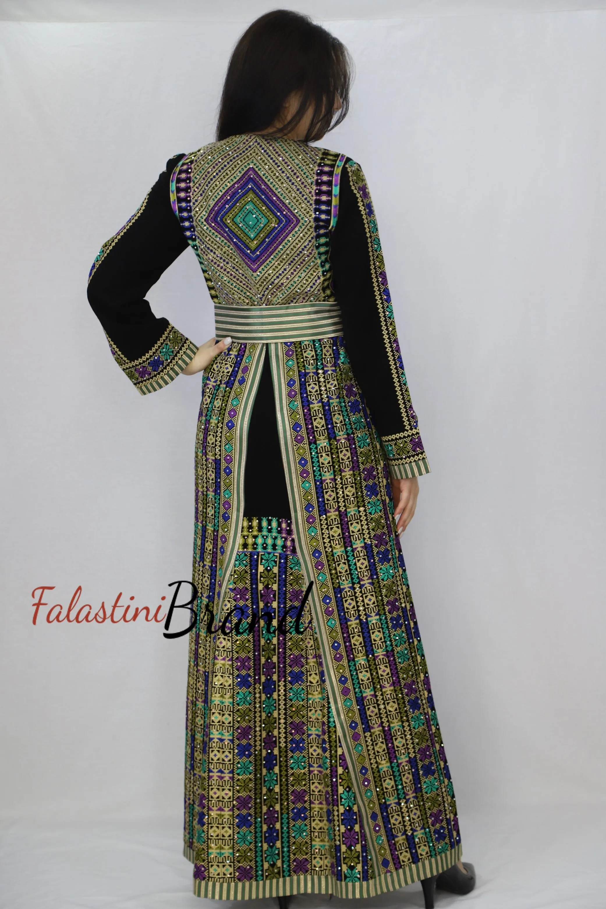 Charming Palestinian Embroidered Golden Green Thobe Dress Palestinian Embroidery