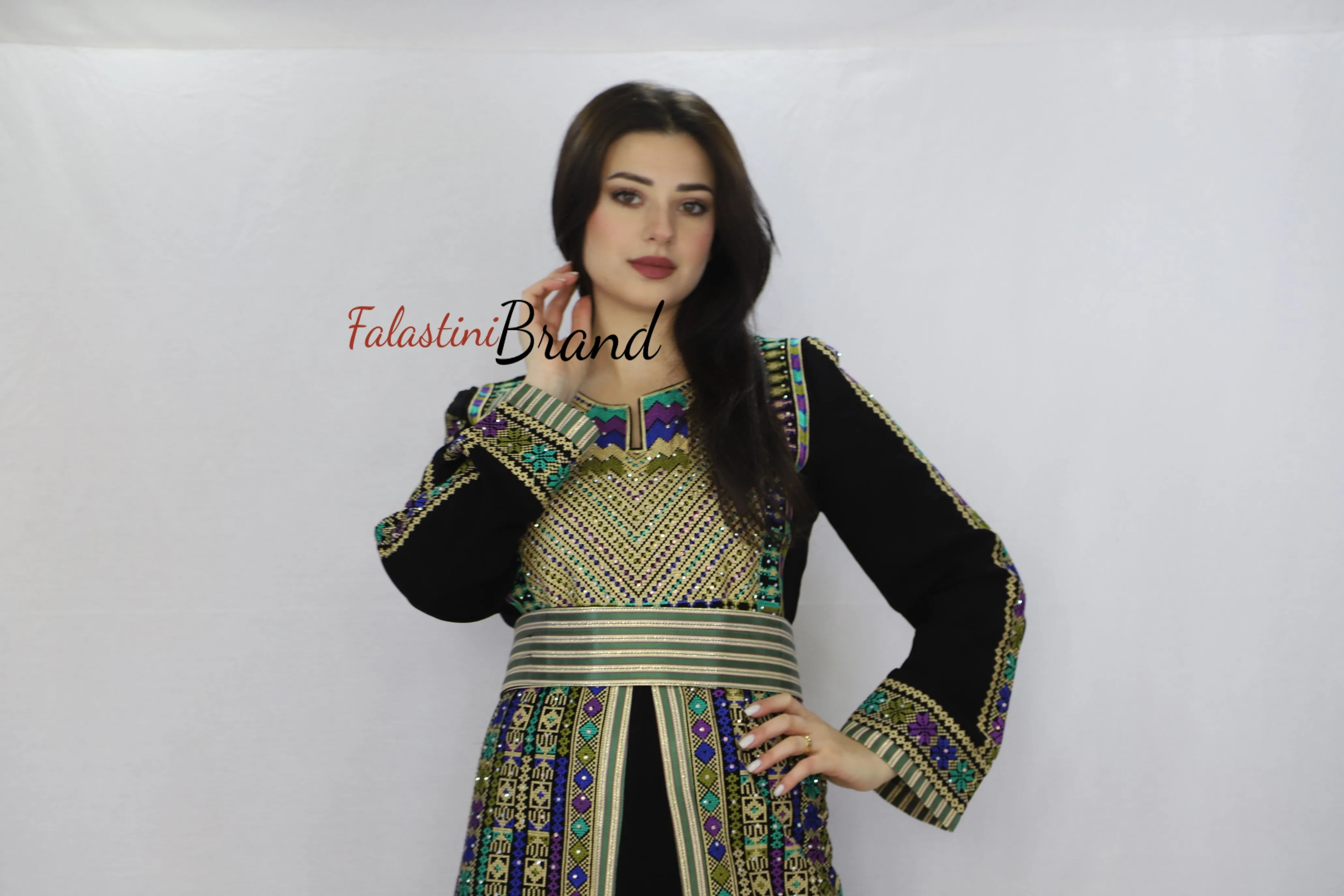 Charming Palestinian Embroidered Golden Green Thobe Dress Palestinian Embroidery