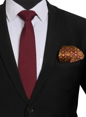 Chokore Burgundy color Plain Silk Tie & Burgundy & Lemon Green silk pocket square set