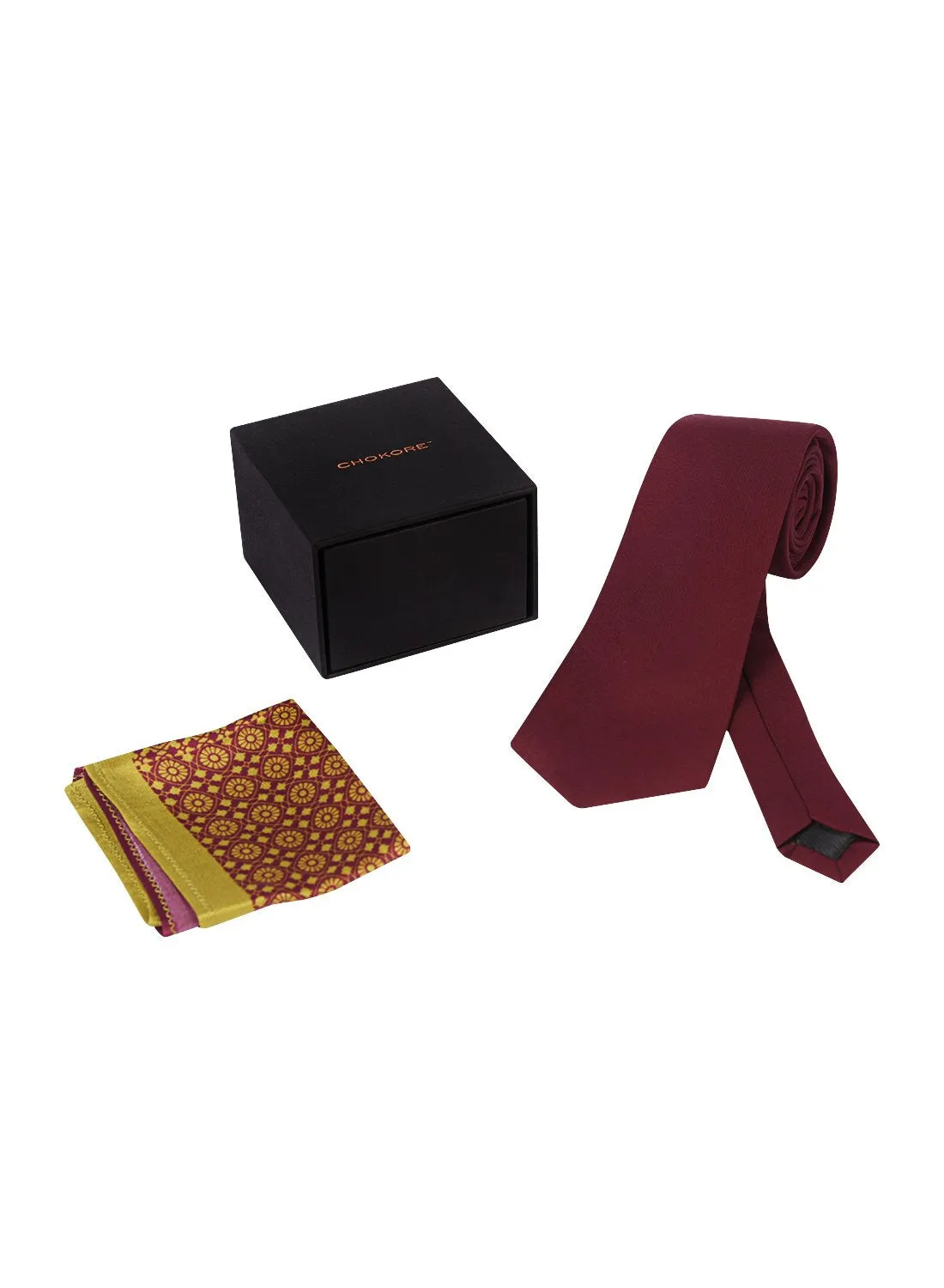 Chokore Burgundy color Plain Silk Tie & Burgundy & Lemon Green silk pocket square set