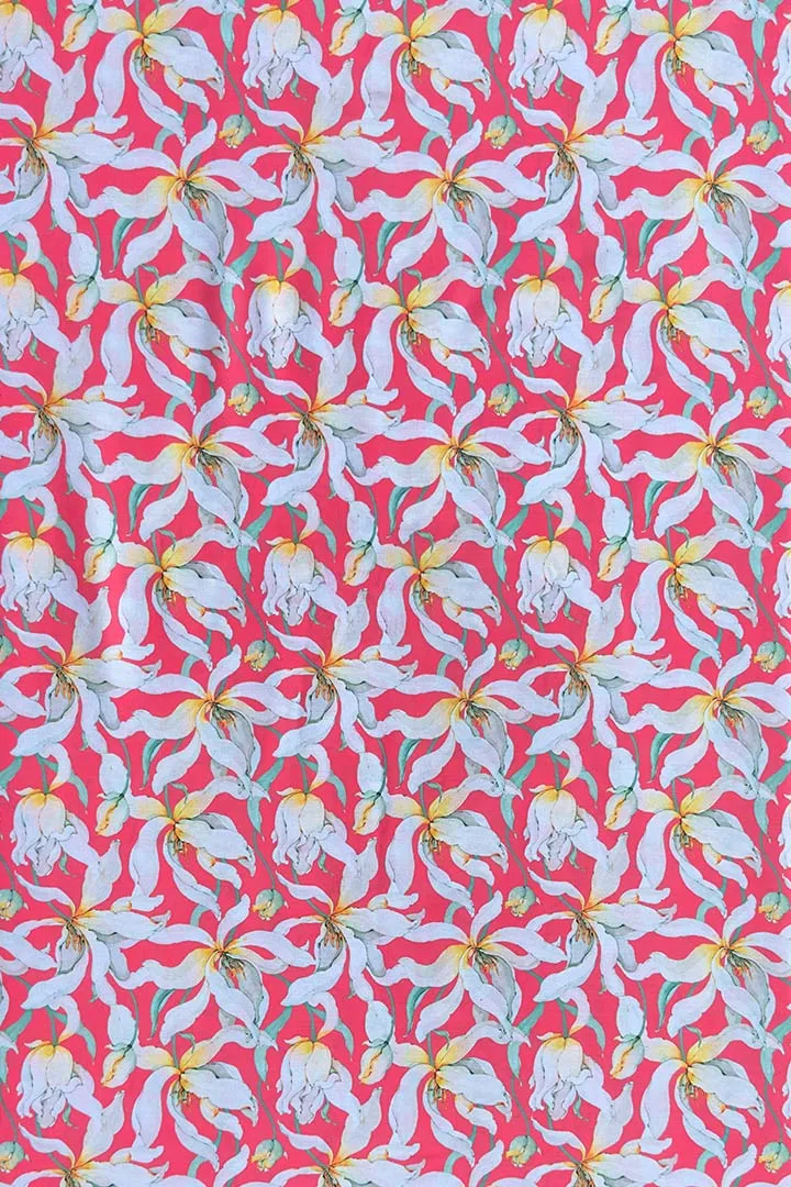 Coral Pink Botanical Printed Muslin Fabric