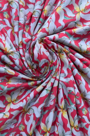 Coral Pink Botanical Printed Muslin Fabric