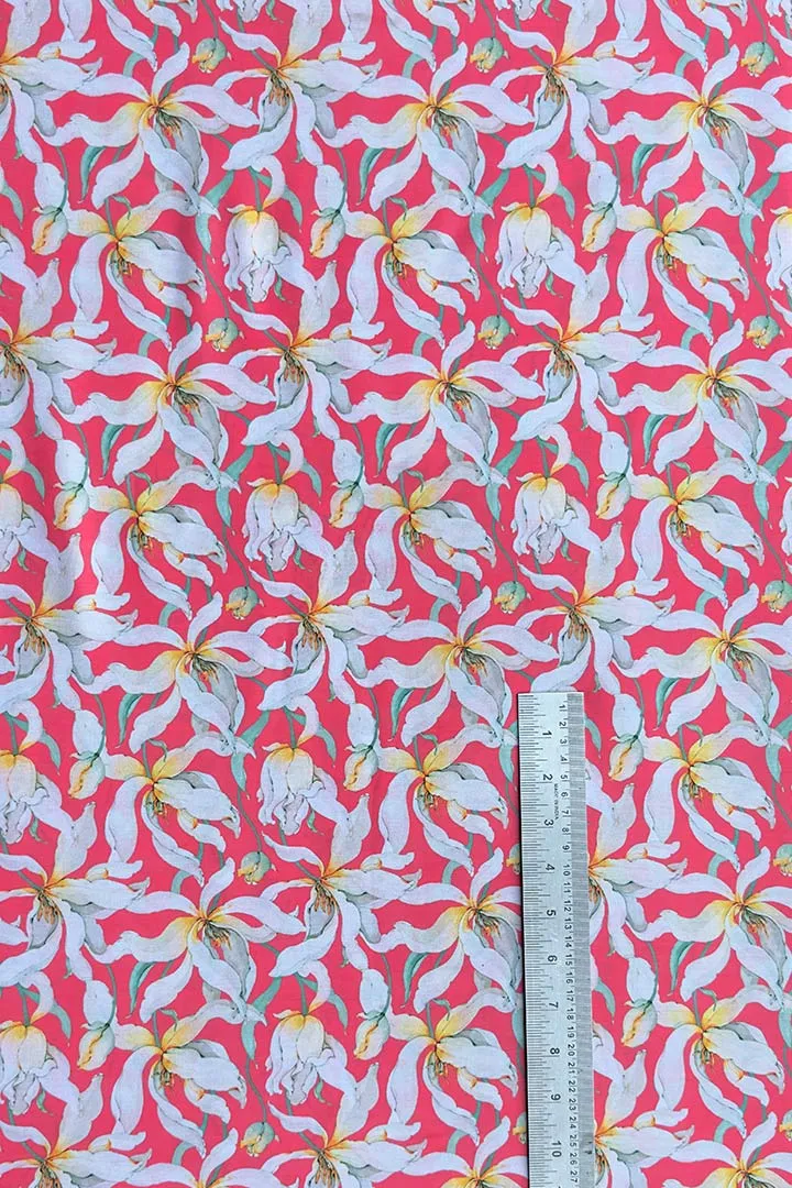 Coral Pink Botanical Printed Muslin Fabric