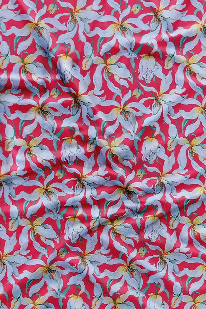 Coral Pink Botanical Printed Muslin Fabric