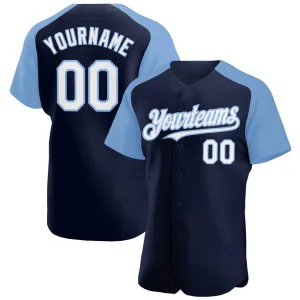 Custom Navy White-Light Blue Authentic Raglan Sleeves Baseball Jersey