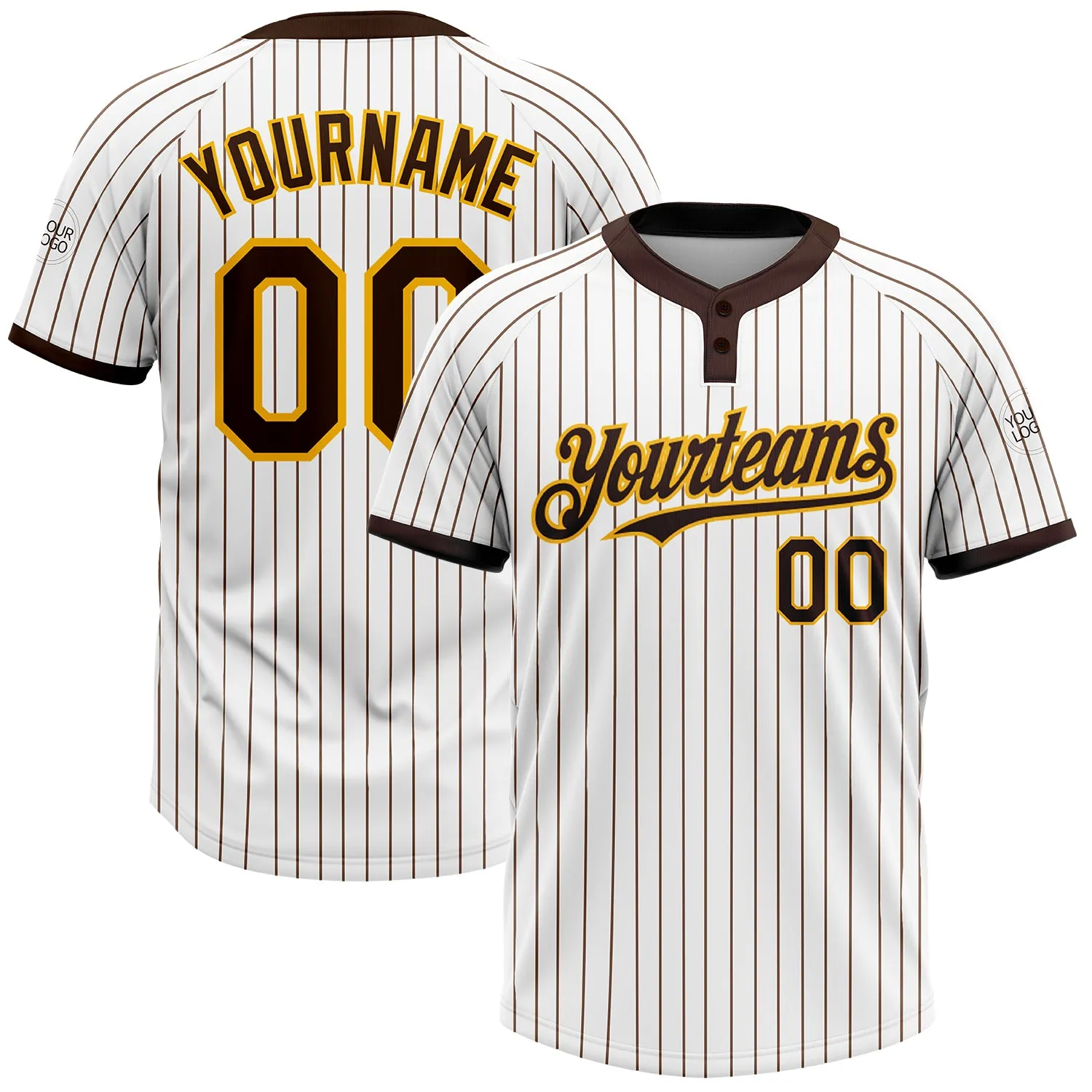 Custom White Brown Pinstripe Gold Two-Button Unisex Softball Jersey