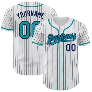 Custom White Navy Pinstripe Teal Authentic Baseball Jersey