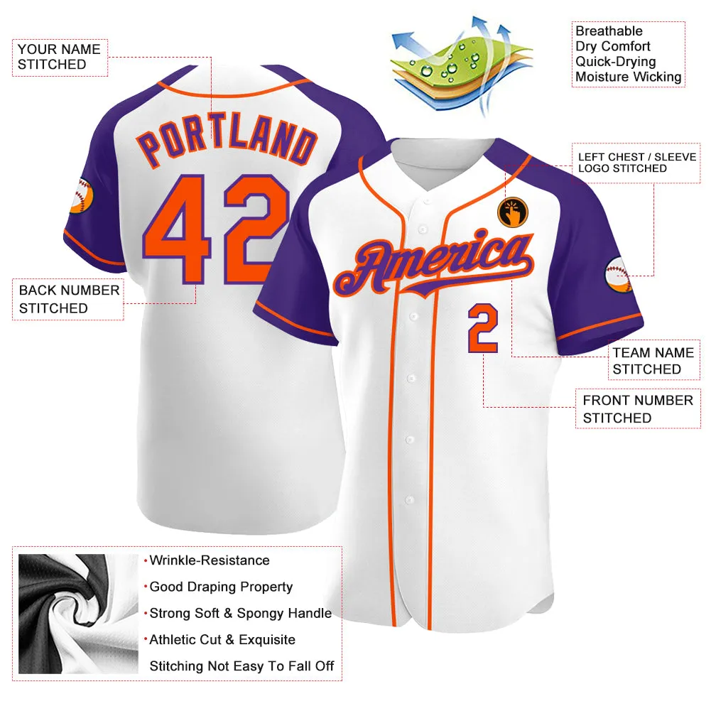 Custom White Orange-Purple Authentic Raglan Sleeves Baseball Jersey