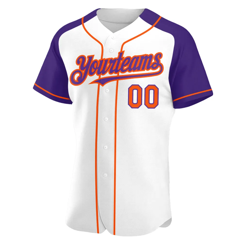 Custom White Orange-Purple Authentic Raglan Sleeves Baseball Jersey