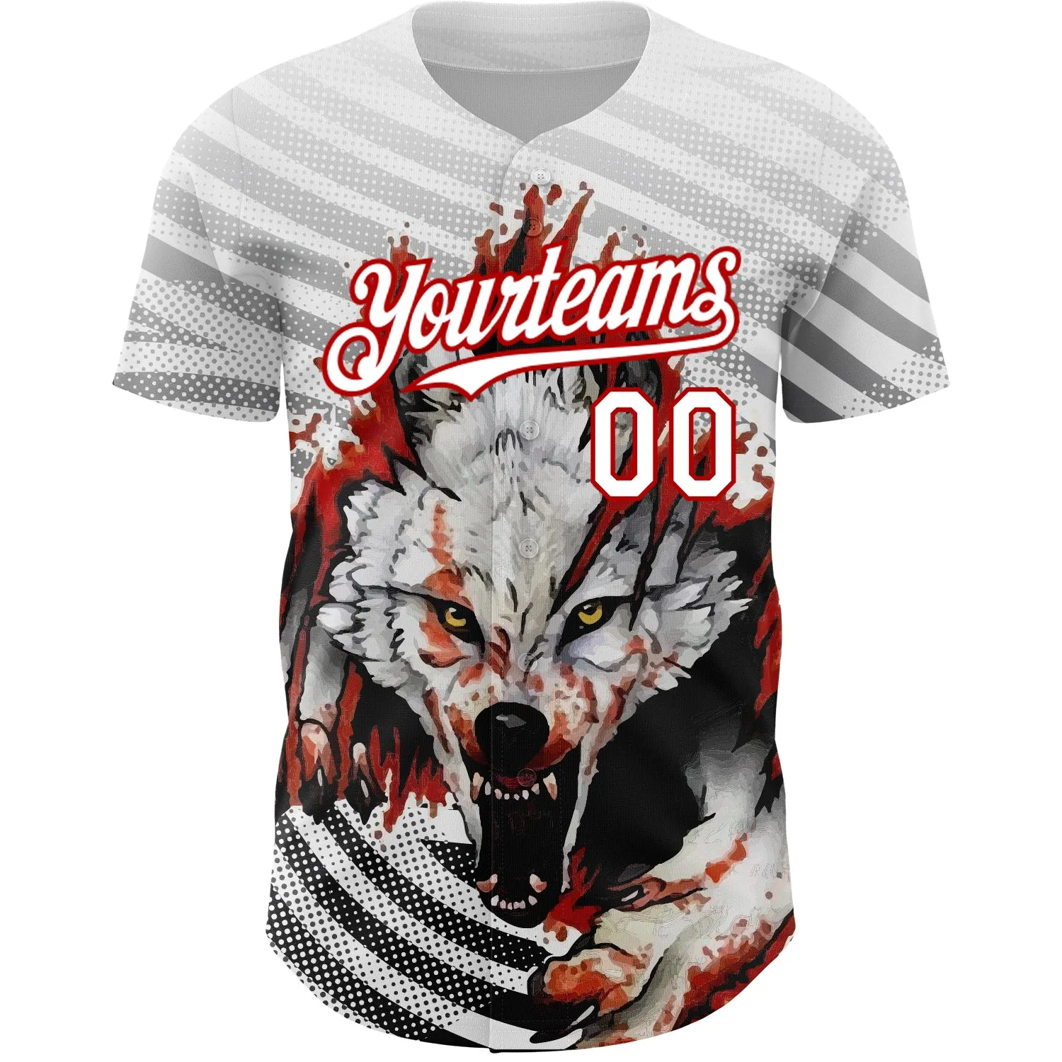 Custom White Red 3D Pattern Design Animal Wolf Authentic Baseball Jersey