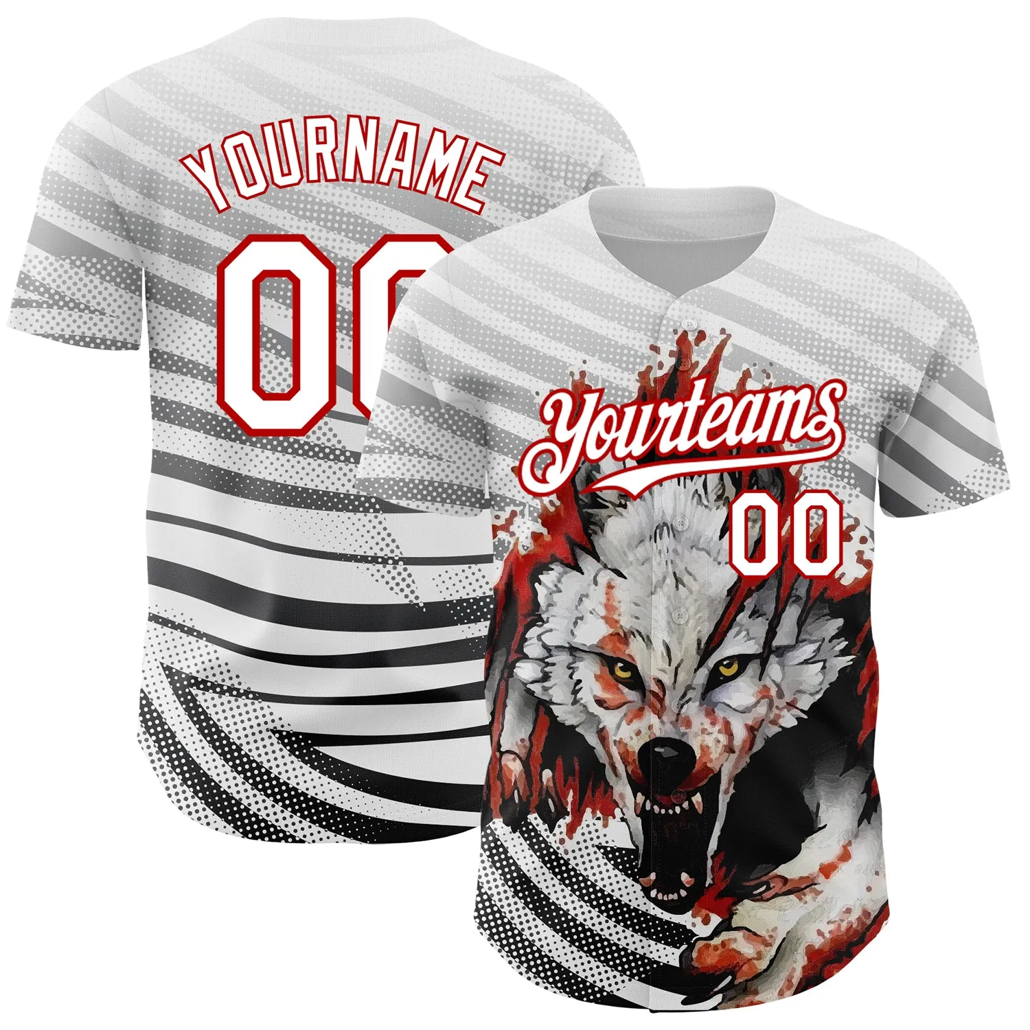 Custom White Red 3D Pattern Design Animal Wolf Authentic Baseball Jersey