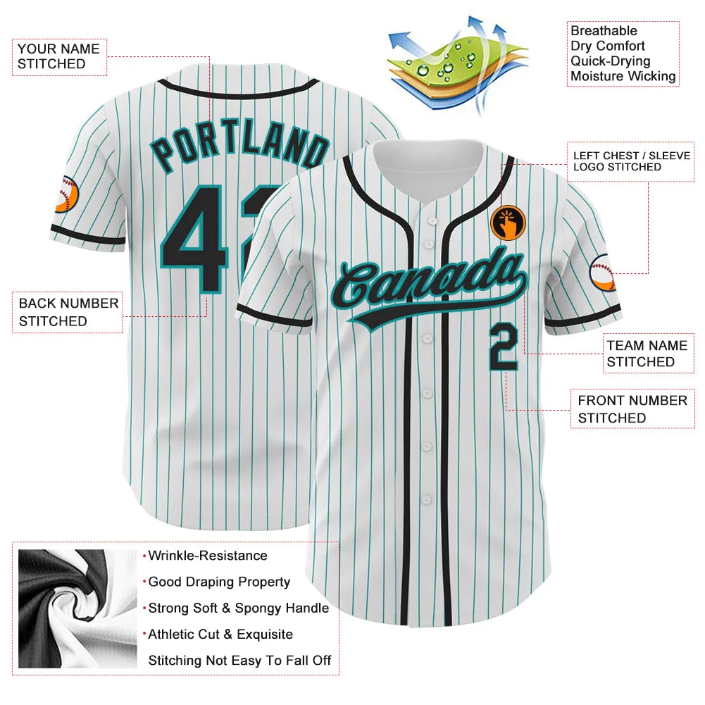 Custom White Teal Pinstripe Black Authentic Baseball Jersey