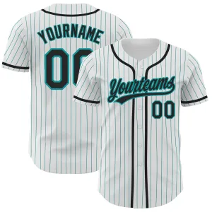 Custom White Teal Pinstripe Black Authentic Baseball Jersey