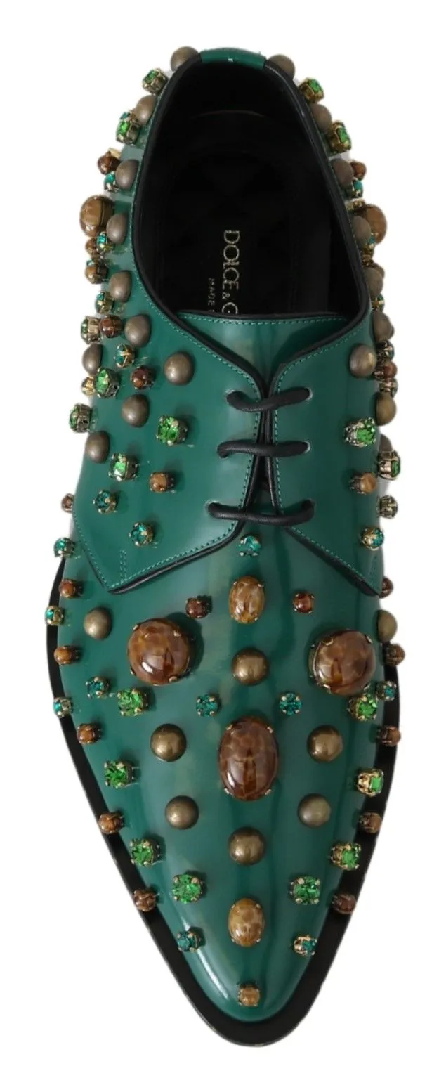 Dolce & Gabbana Emerald Leather Dress Shoes with Crystal Accents