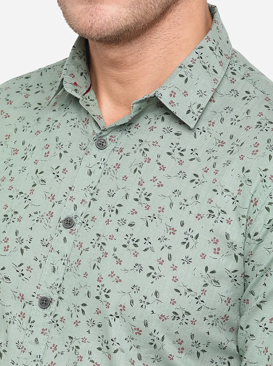 Dusty Green Printed Slim Fit Casual Shirt | Greenfibre