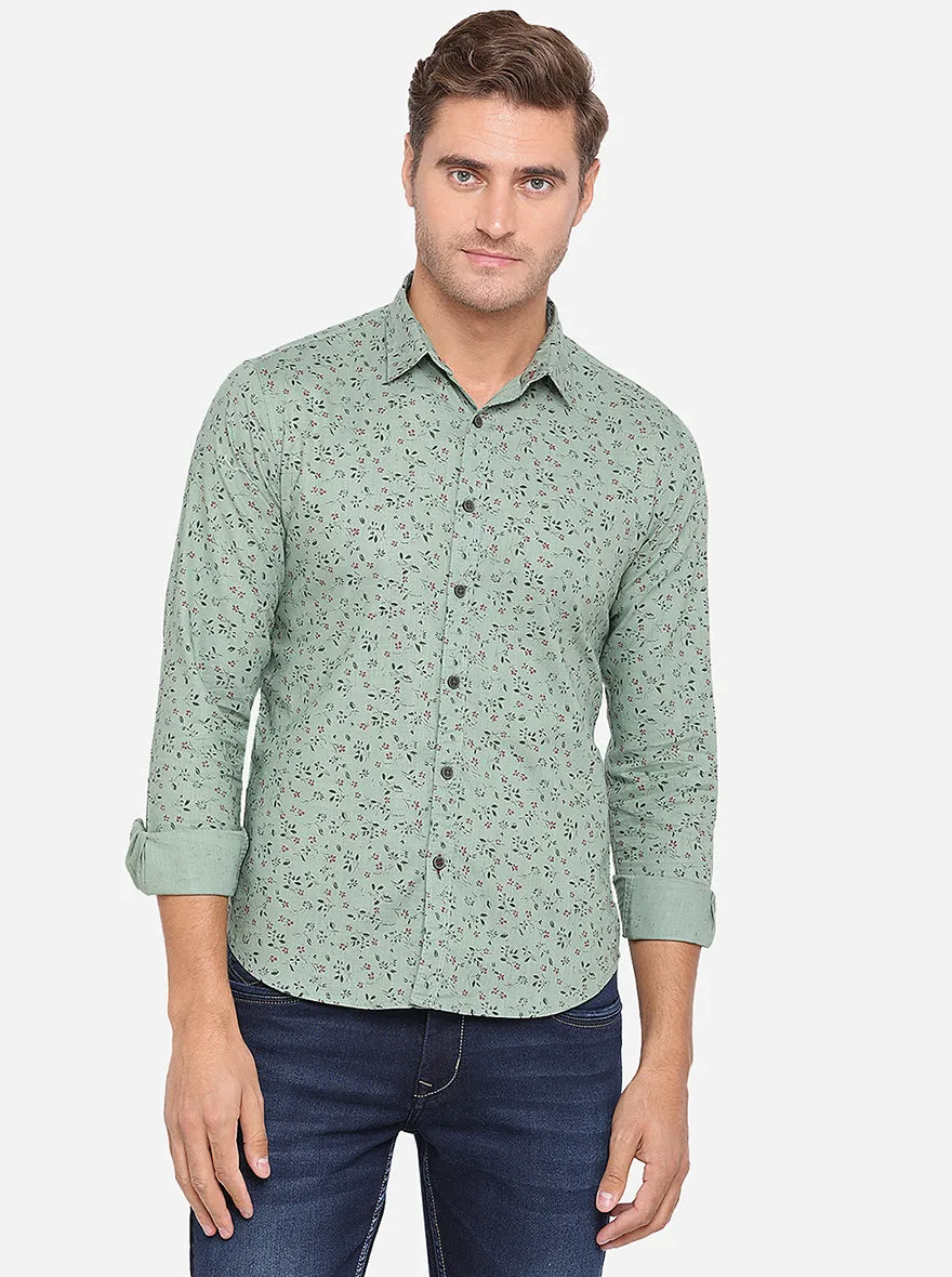 Dusty Green Printed Slim Fit Casual Shirt | Greenfibre