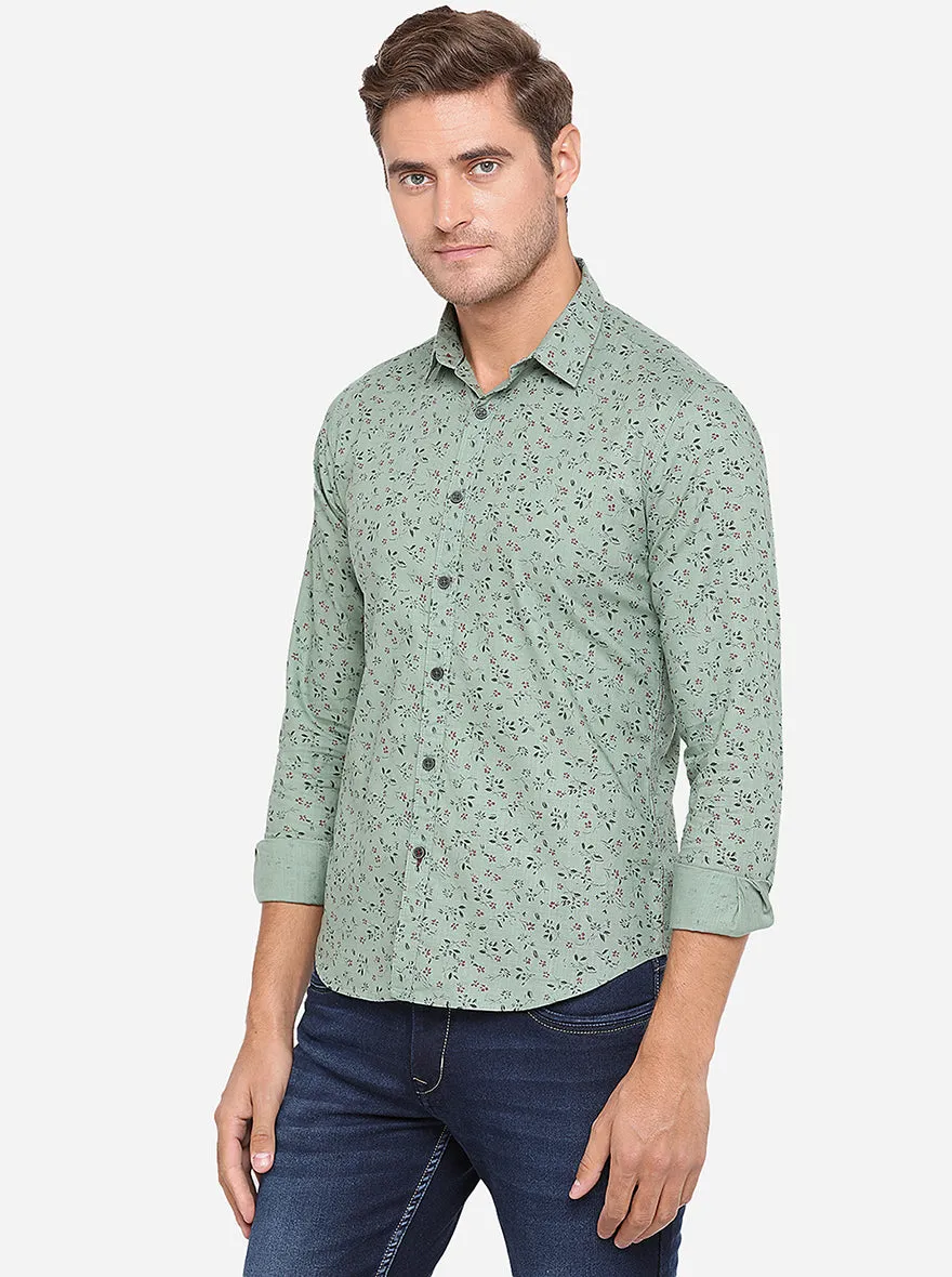 Dusty Green Printed Slim Fit Casual Shirt | Greenfibre