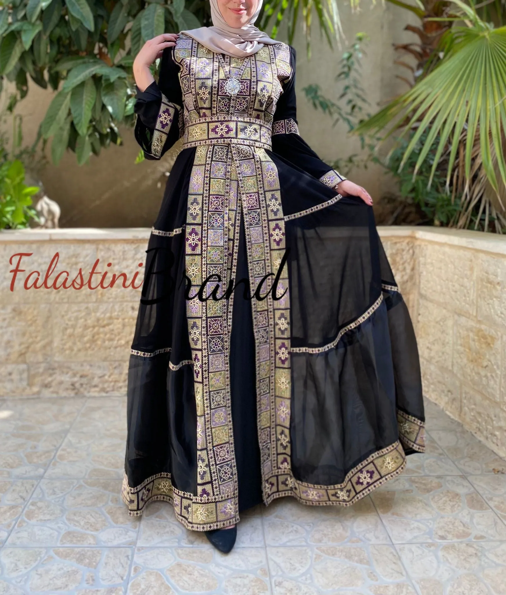 Elegant Black 2 Pieces Royal Kaftan Dress with Organza Details