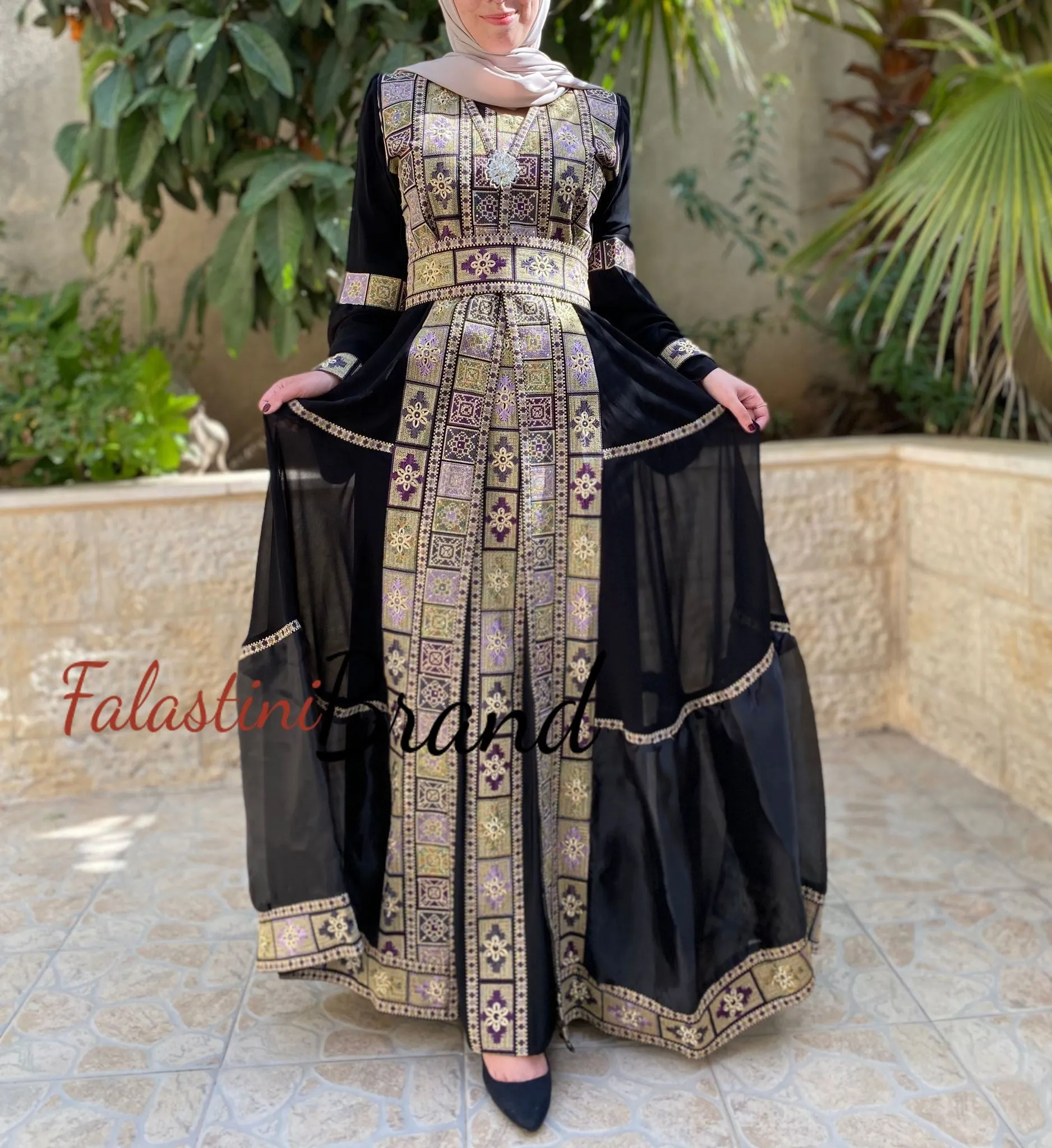 Elegant Black 2 Pieces Royal Kaftan Dress with Organza Details