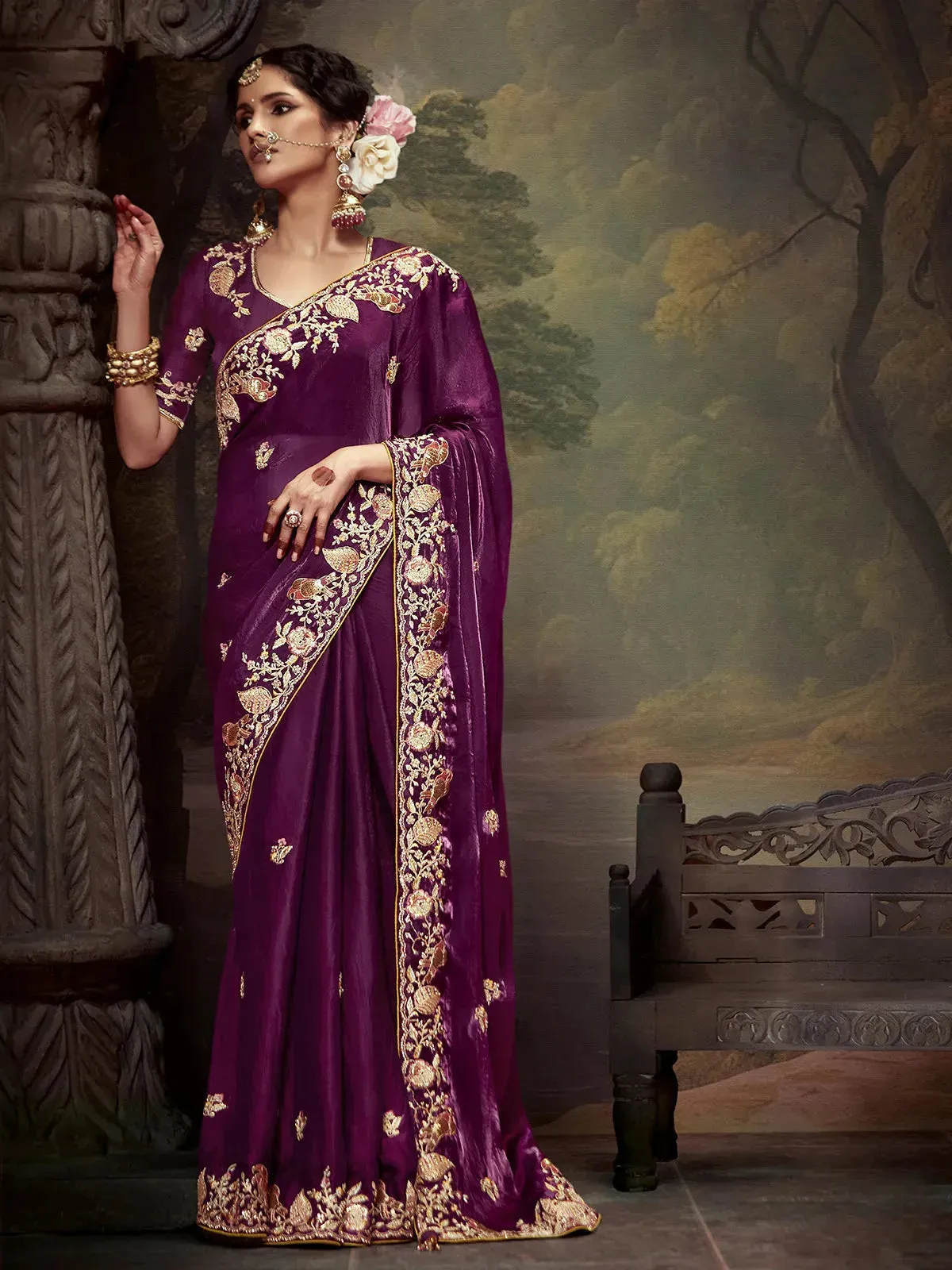 Elegant Burgundy Embroidered Fancy Saree