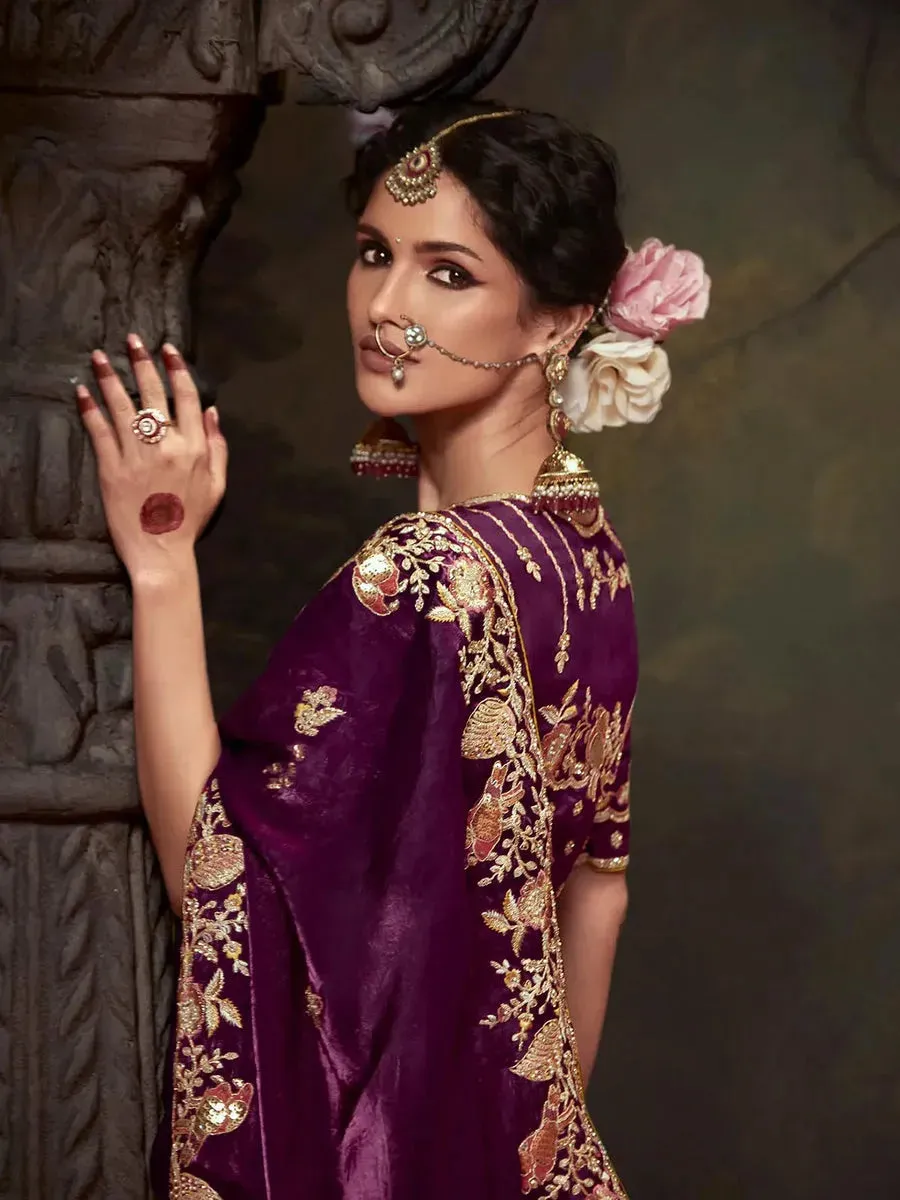 Elegant Burgundy Embroidered Fancy Saree