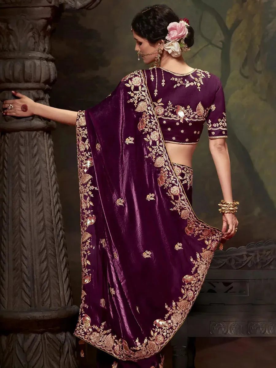 Elegant Burgundy Embroidered Fancy Saree