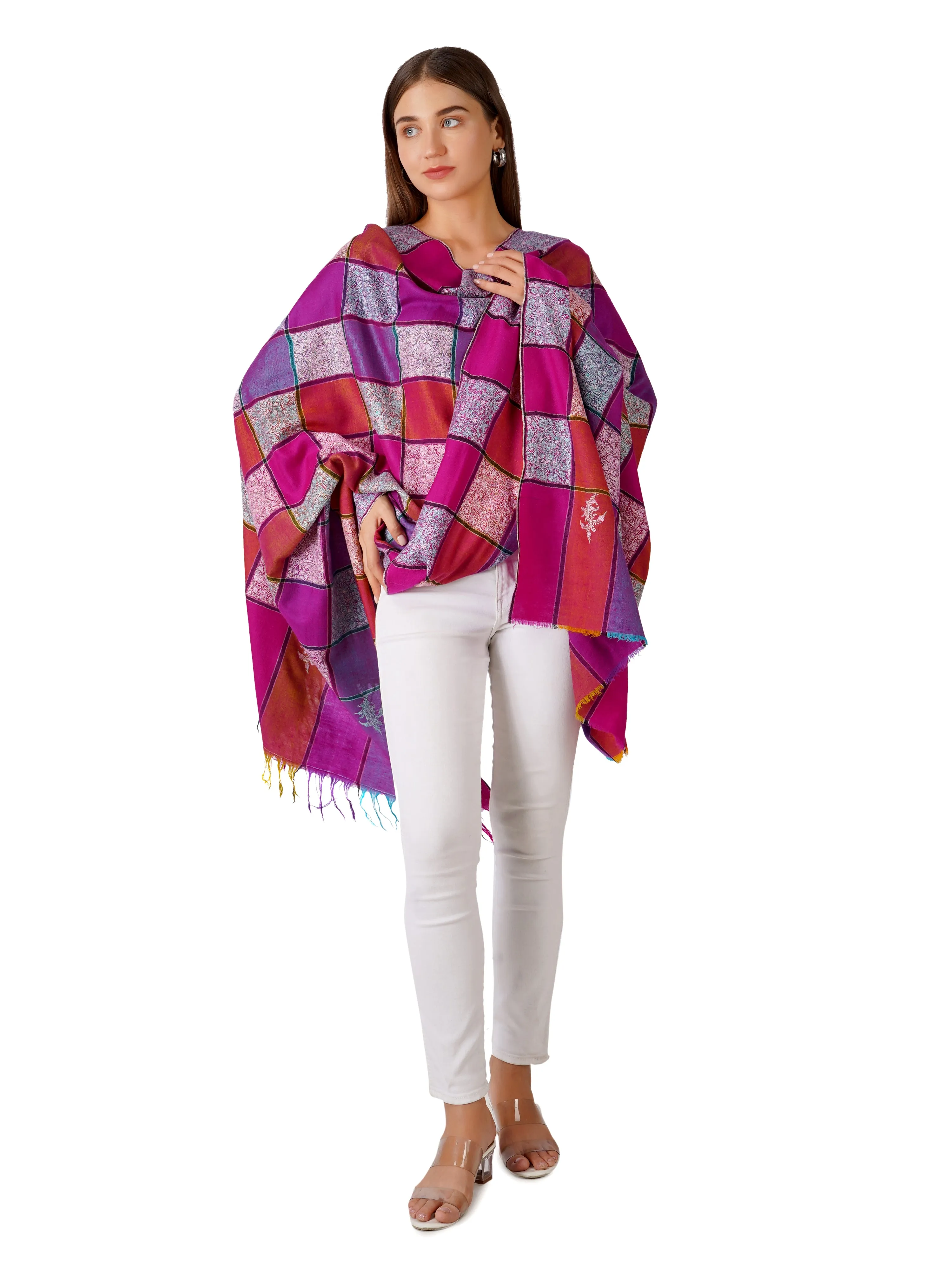 Elegant Checkered Pashmina Shawl with Sozni Hand Embroidery