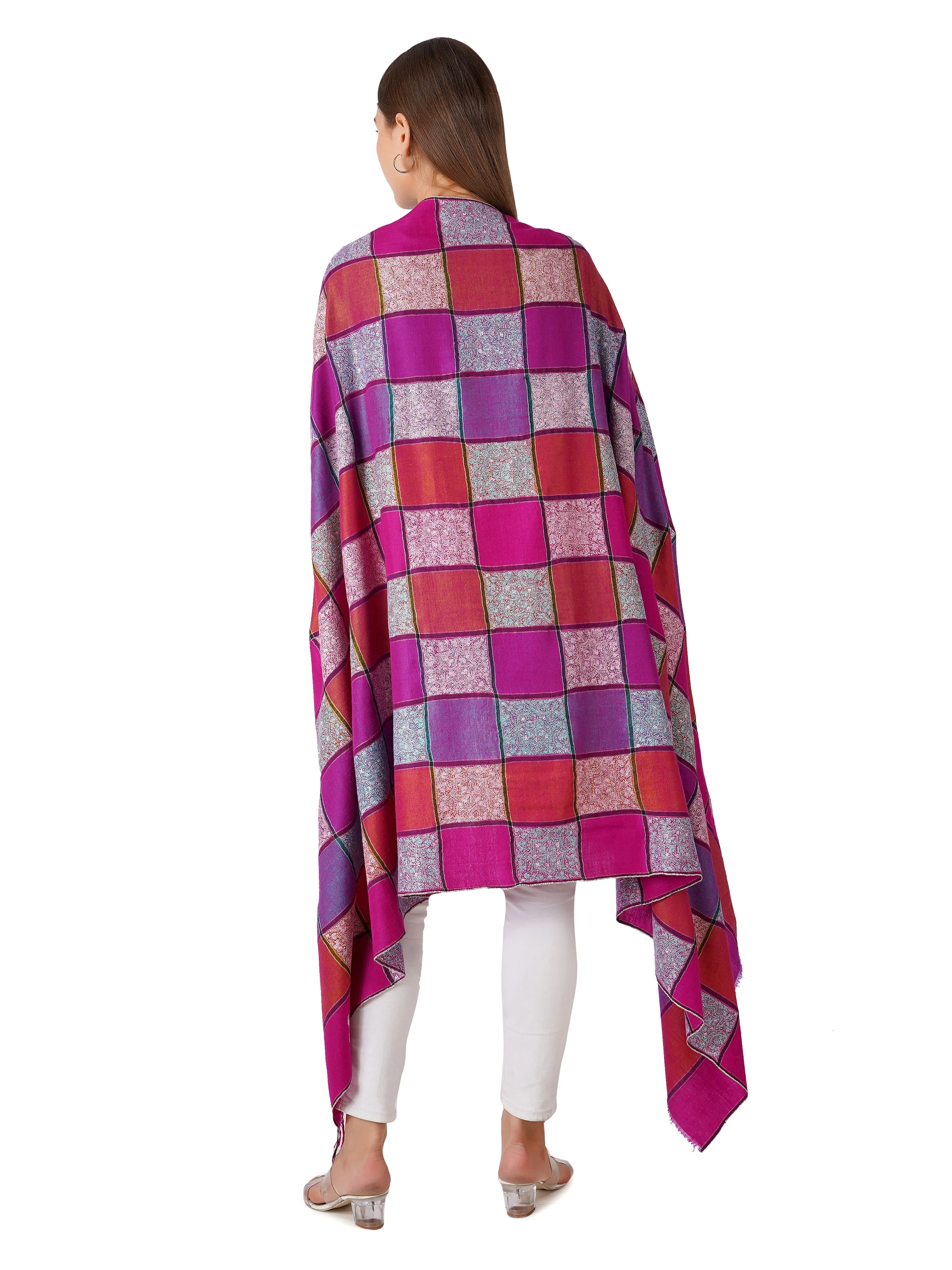 Elegant Checkered Pashmina Shawl with Sozni Hand Embroidery