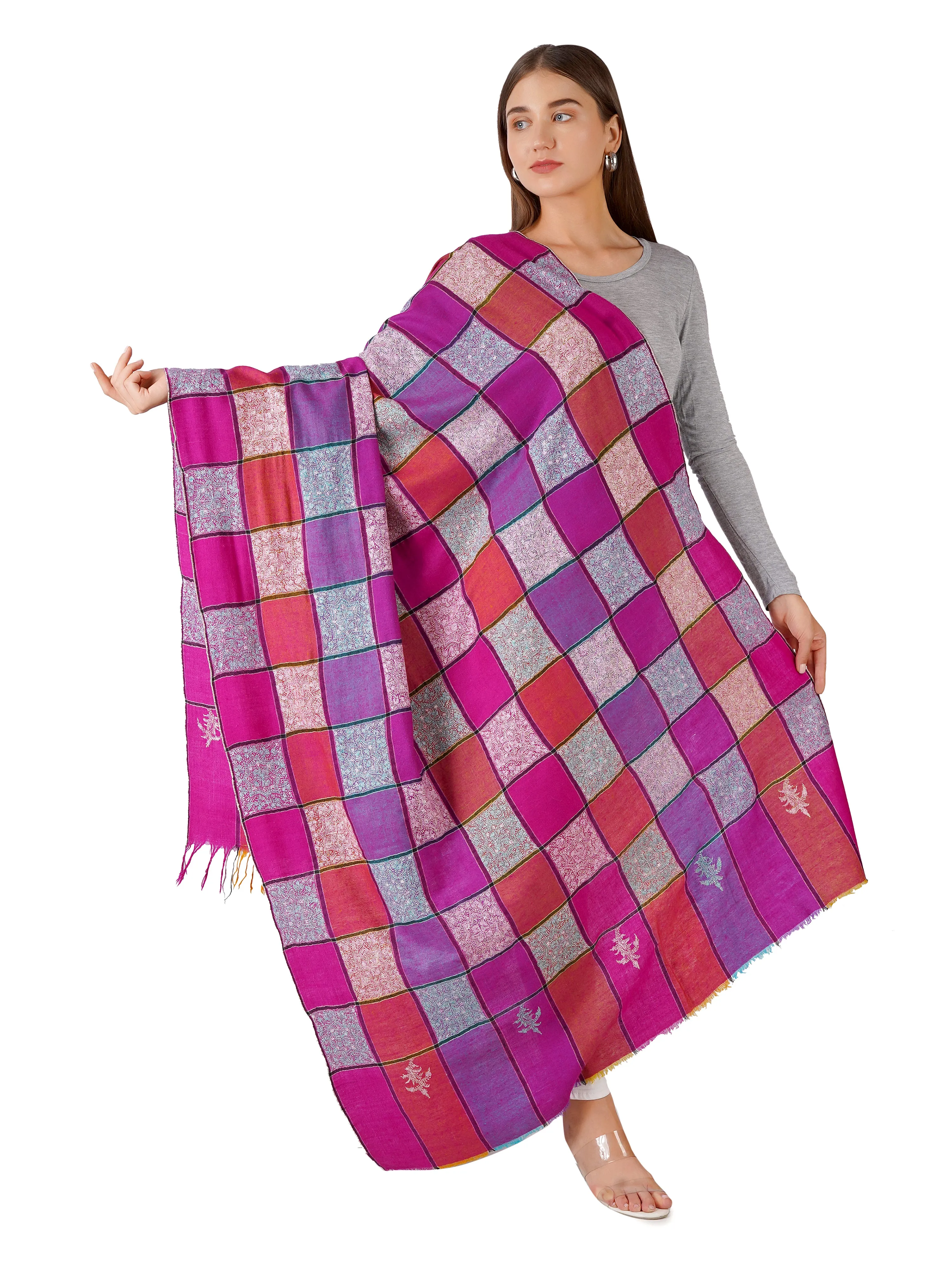 Elegant Checkered Pashmina Shawl with Sozni Hand Embroidery