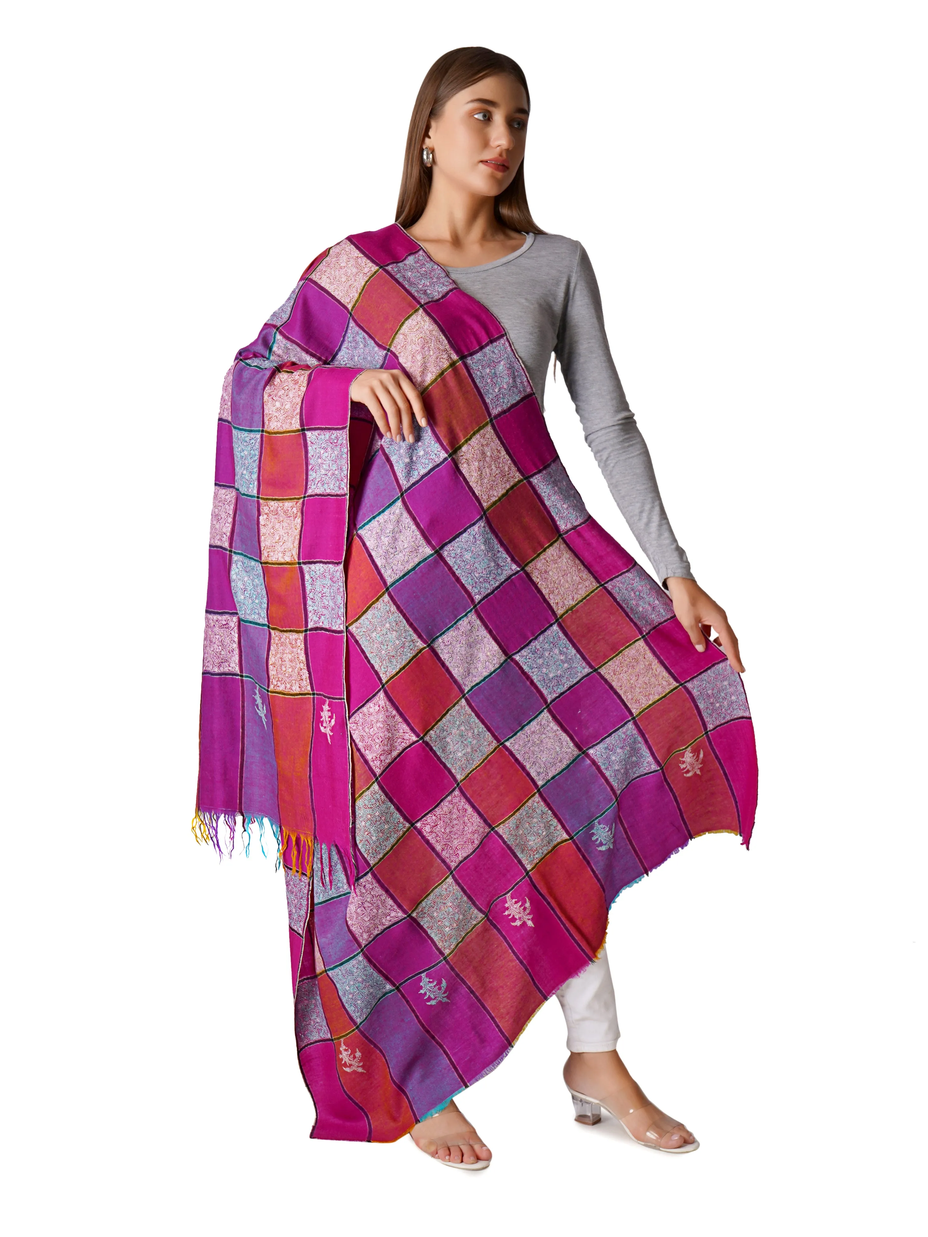 Elegant Checkered Pashmina Shawl with Sozni Hand Embroidery