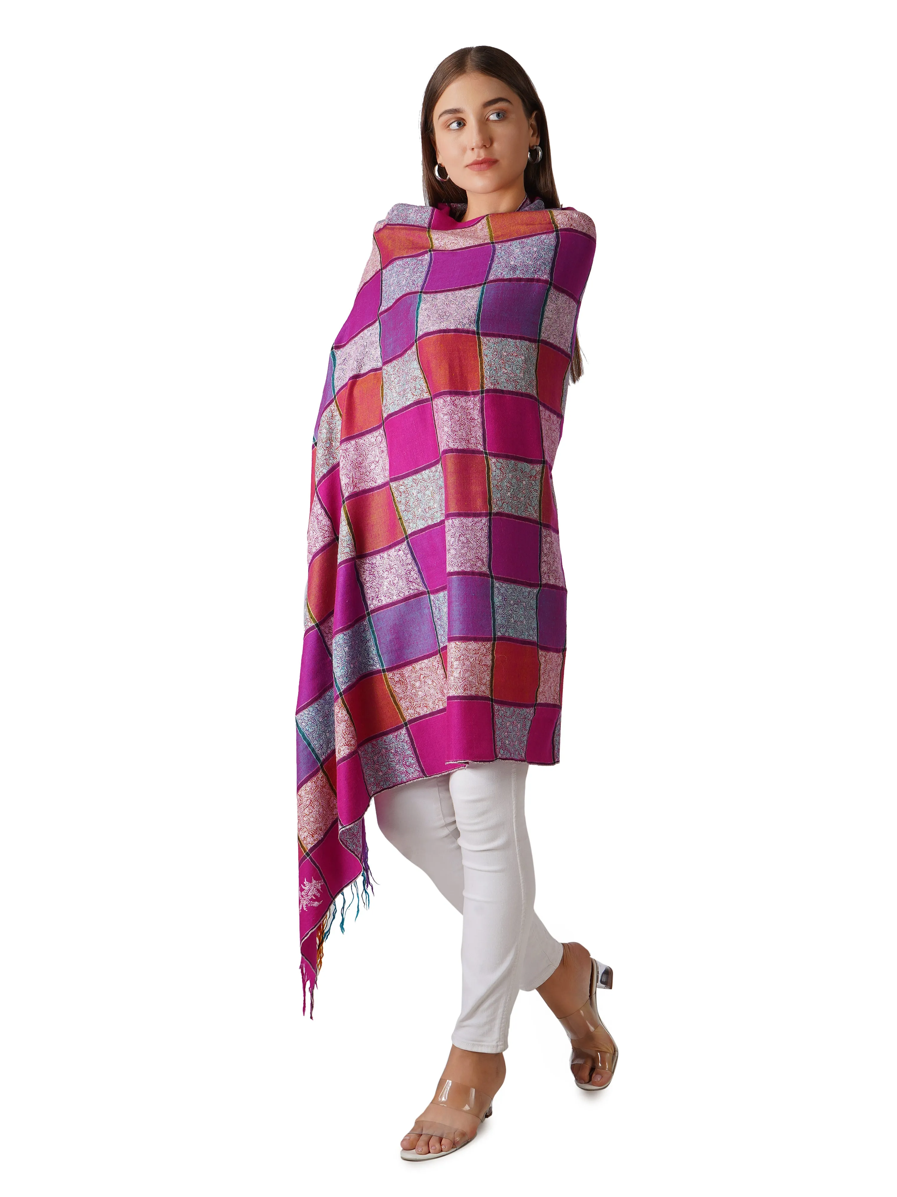 Elegant Checkered Pashmina Shawl with Sozni Hand Embroidery