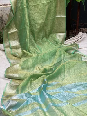 Elegant Green Pure Crushed Tissue Handloom Banarasi Saree