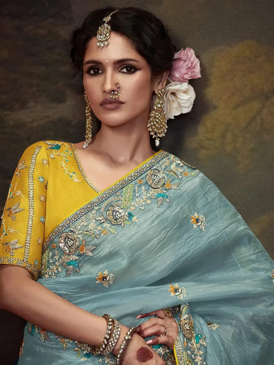 Elegant Sky Blue Embroidered Fancy Saree