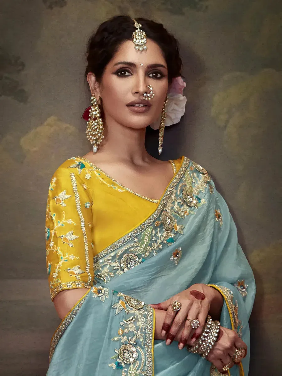 Elegant Sky Blue Embroidered Fancy Saree