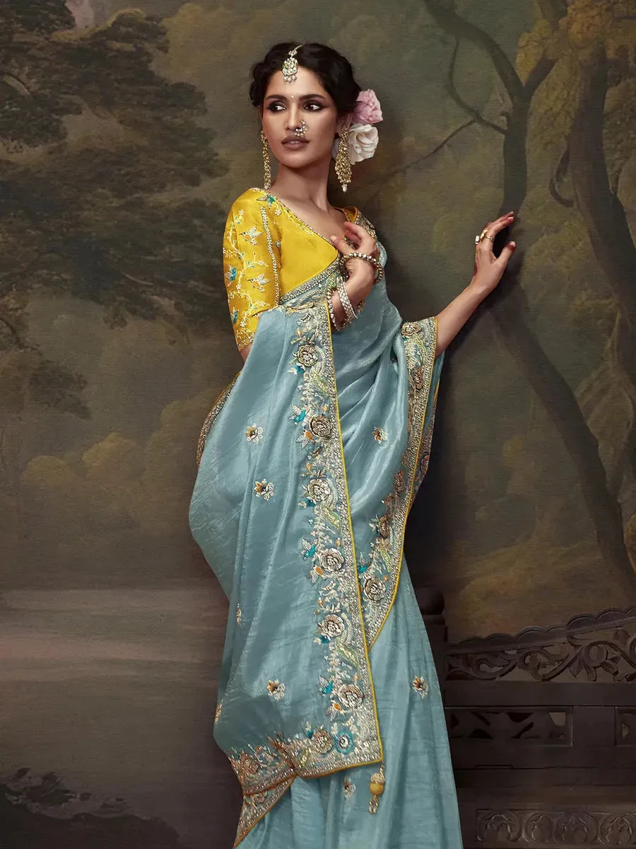 Elegant Sky Blue Embroidered Fancy Saree