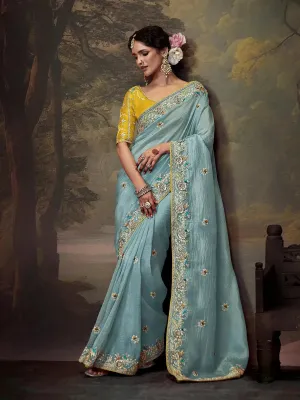 Elegant Sky Blue Embroidered Fancy Saree