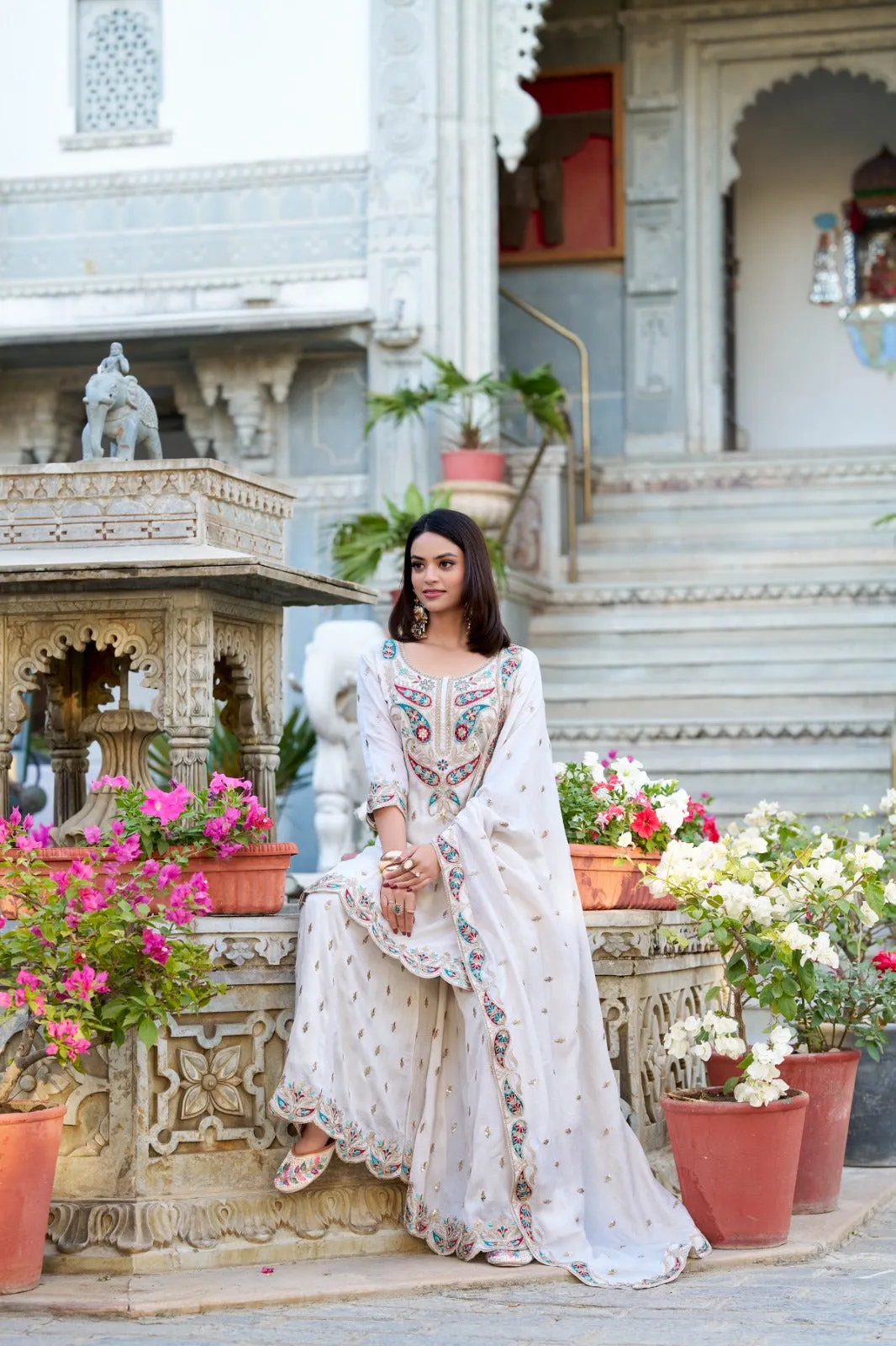 Elegant White Designer Silk Embroidered Salwar Suit