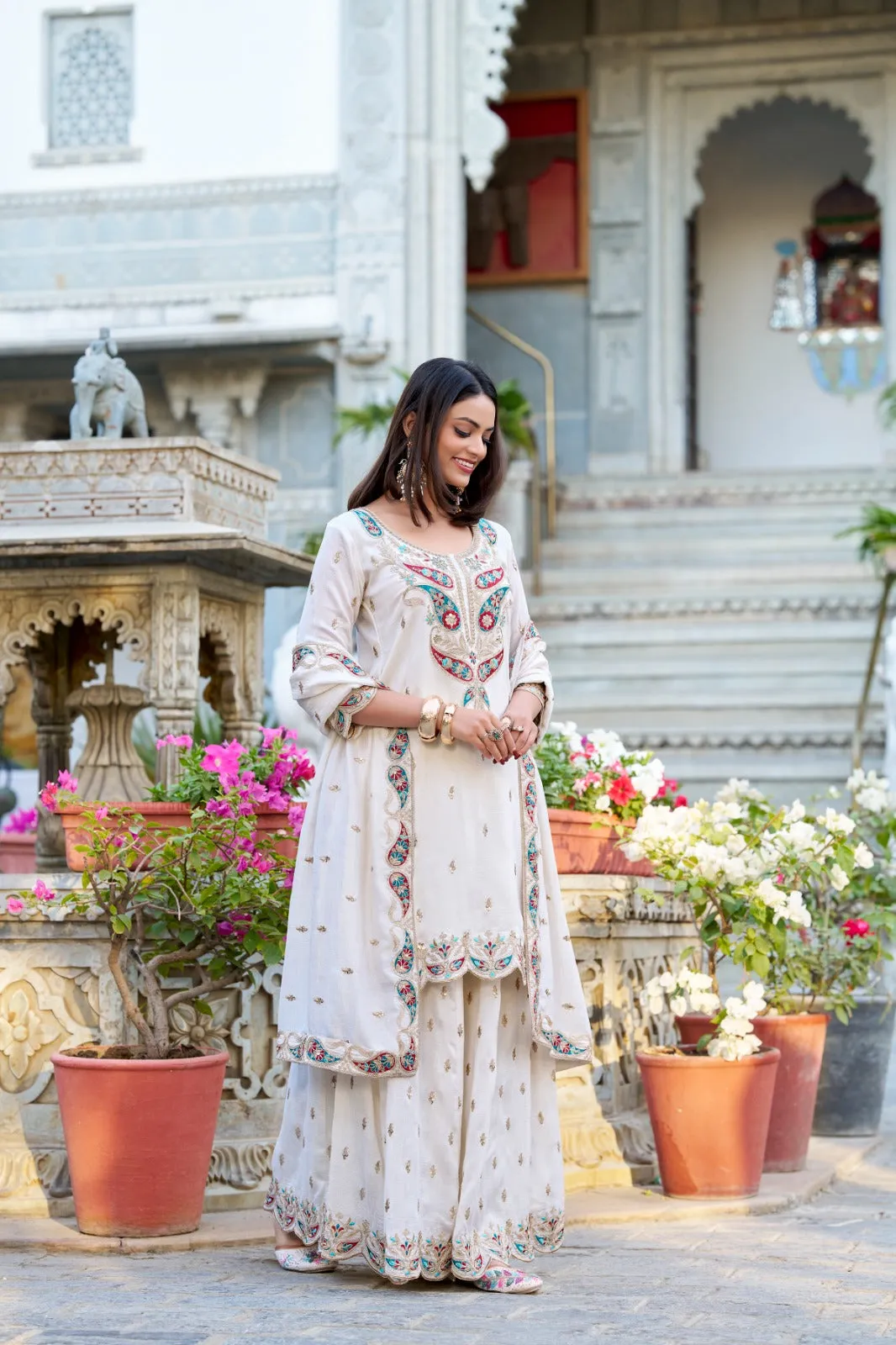 Elegant White Designer Silk Embroidered Salwar Suit