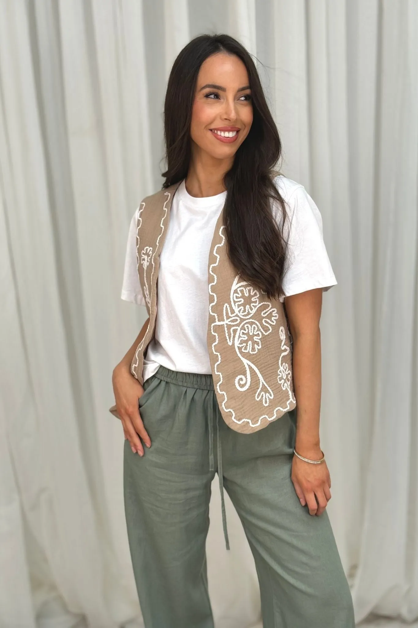 Elsa Embroidered Waistcoat In Taupe