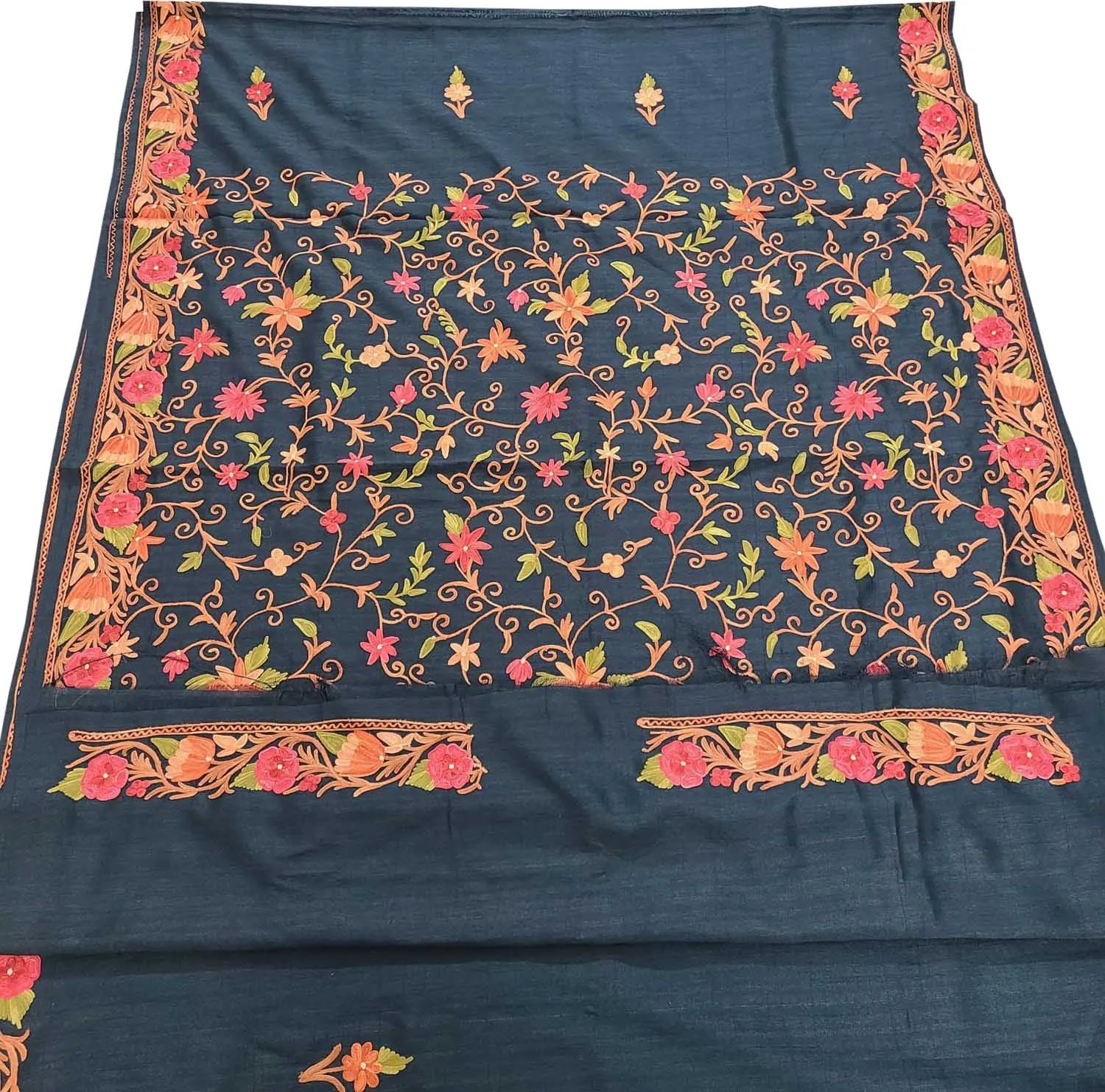 Exquisite Black Hand Embroidered Kashmiri Silk Saree