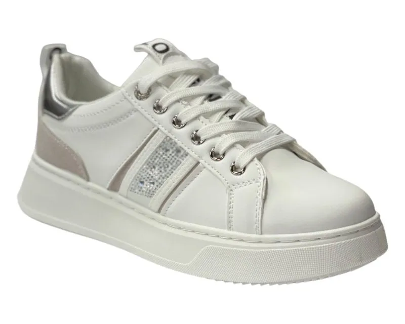 Faux Leather Rhinestone Lace Up Trainers