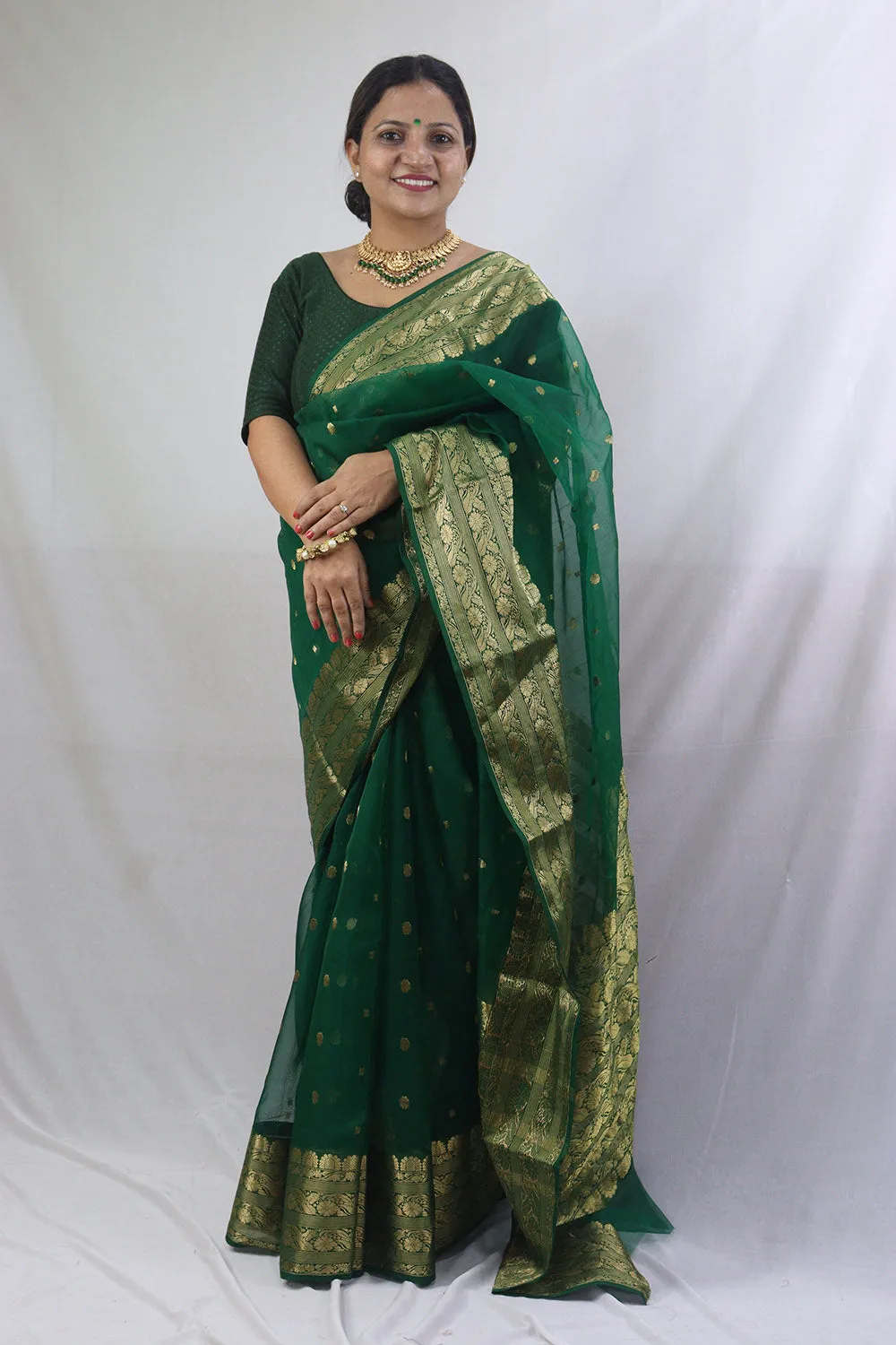 Green Chanderi Handloom Pure Katan Silk Saree - Elegant and Ethereal