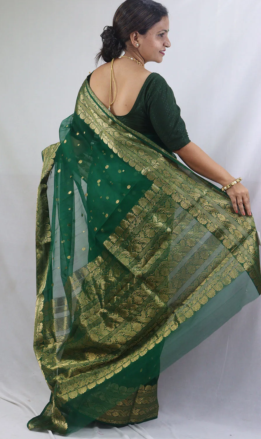 Green Chanderi Handloom Pure Katan Silk Saree - Elegant and Ethereal