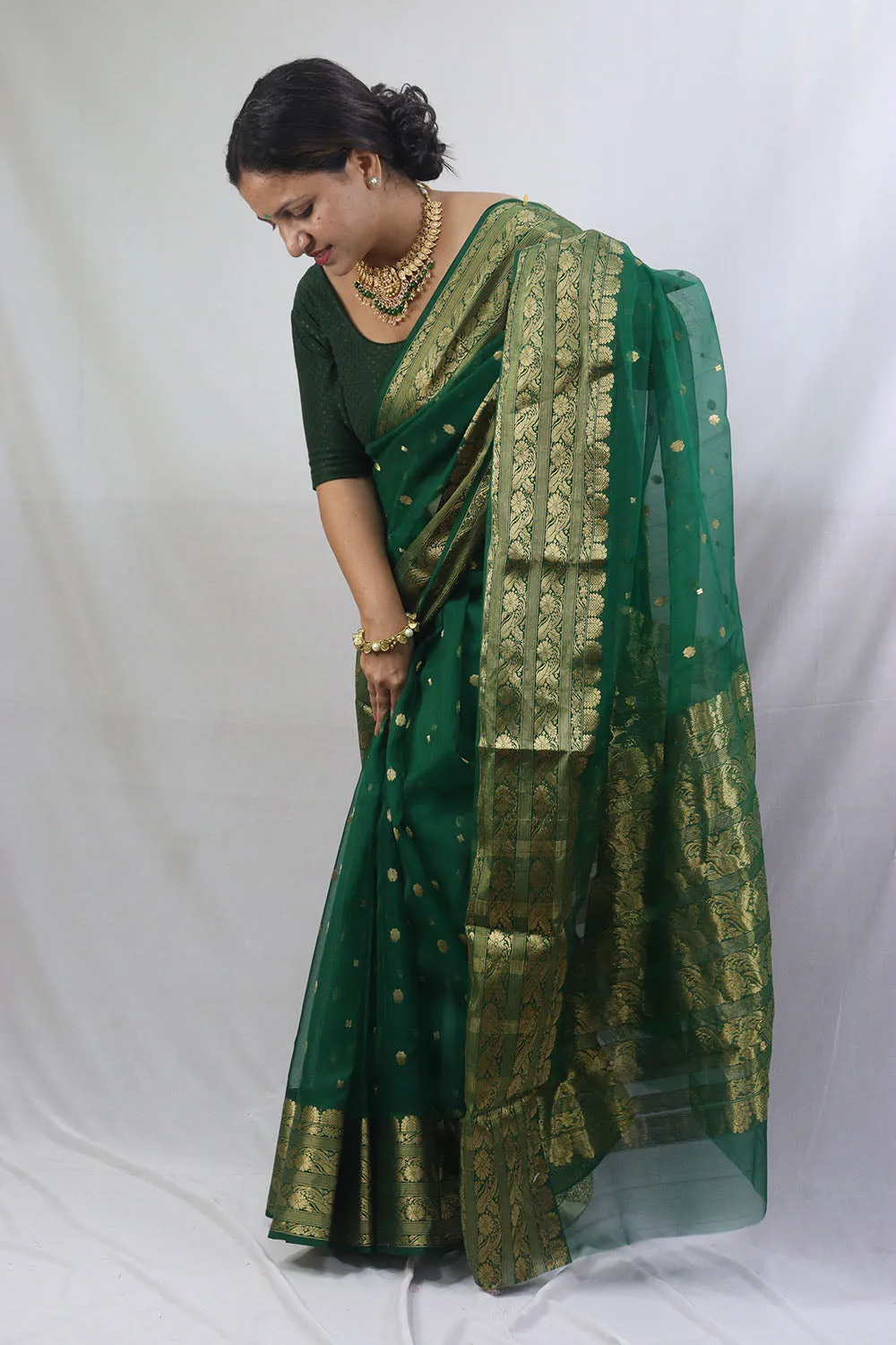 Green Chanderi Handloom Pure Katan Silk Saree - Elegant and Ethereal