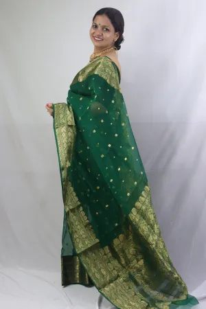 Green Chanderi Handloom Pure Katan Silk Saree - Elegant and Ethereal